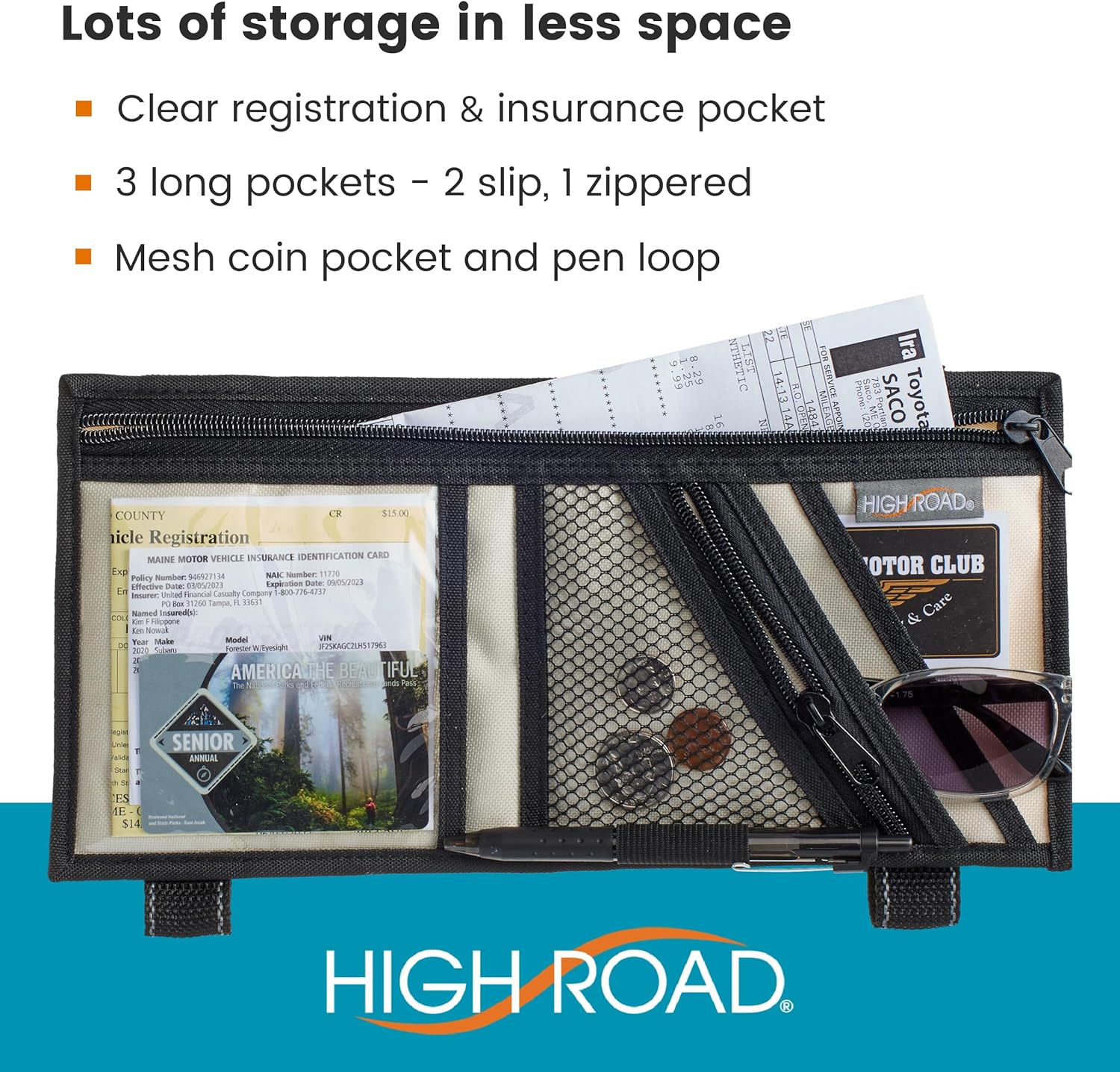 High Road Organizador de visera de automóvil con bolsillo transparente para registro y seguro, bolsillos con cremallera, soporte para lentes de sol