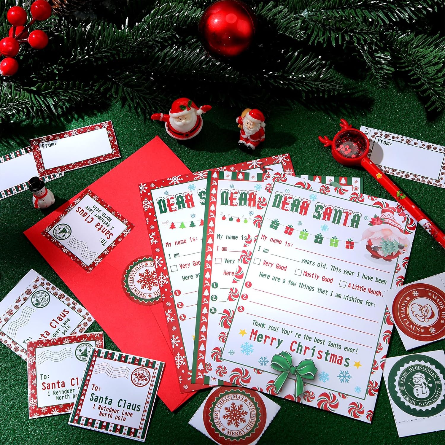 Juego de 75 cartas a Santa para escribir listas de deseos de Navidad, juego de 15 tarjetas navideñas con sobres rojos y calcomanías, regalo de