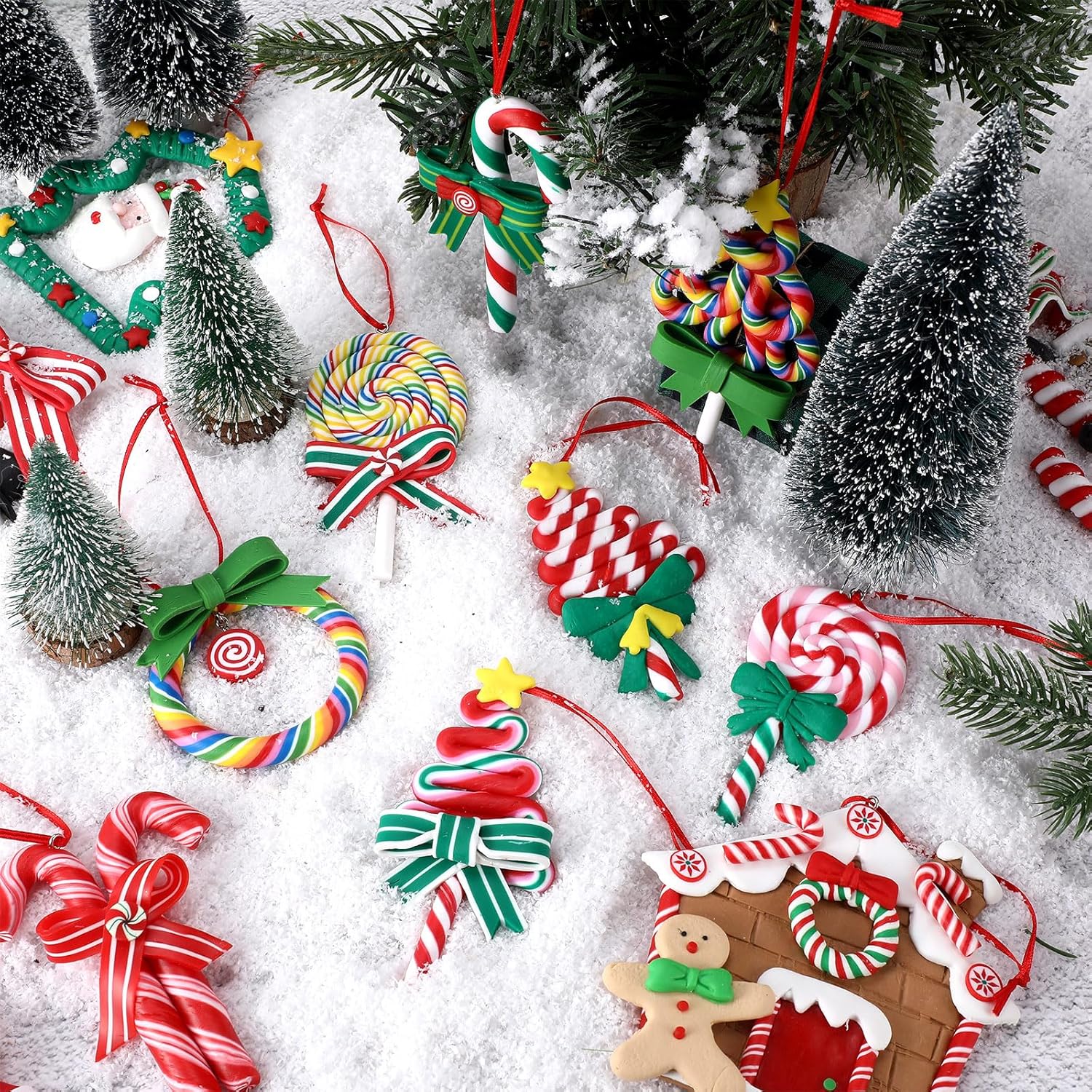 32 adornos de piruleta de Navidad, 16 paletas de arco iris, adornos colgantes de caramelos de Navidad, adornos de arcilla polimérica para decoración
