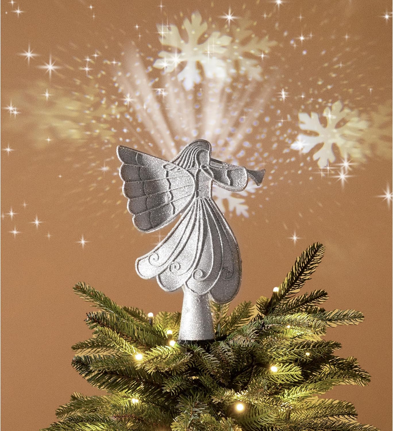 Valery Madelyn Decoración de árbol de ángel de Navidad con luces LED giratorias de copos de nieve, copa de árbol plateada iluminada con proyección