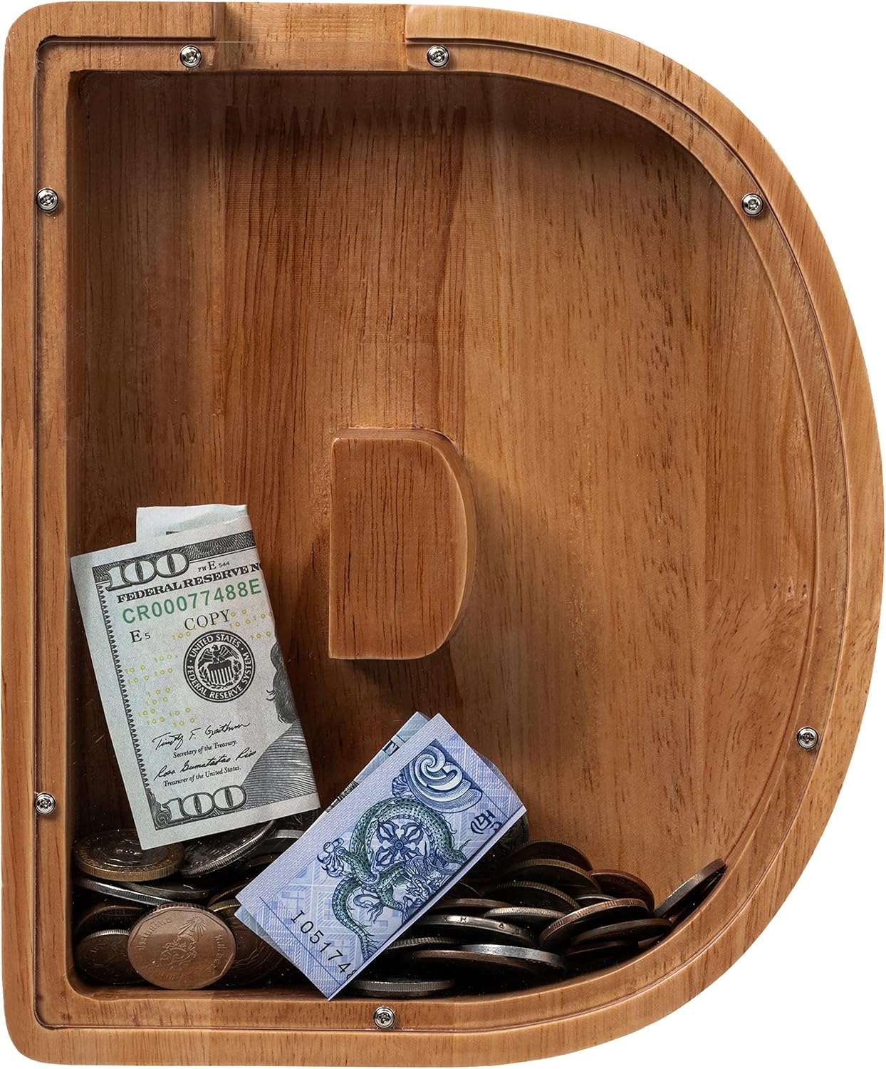 Alcancía de madera extra grande de 12 pulgadas para niños, alcancía para niños y niñas, banco D con inicial, banco de dinero del alfabeto para