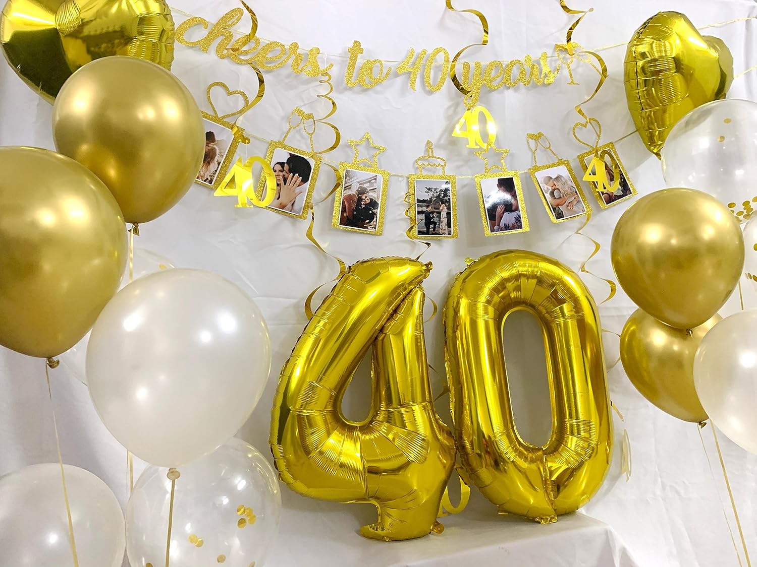Decoraciones de 40 aniversario y cumpleaños, suministros para fiesta, conjunto de carteles fotográficos de saludos a 40 años y globos, remolinos