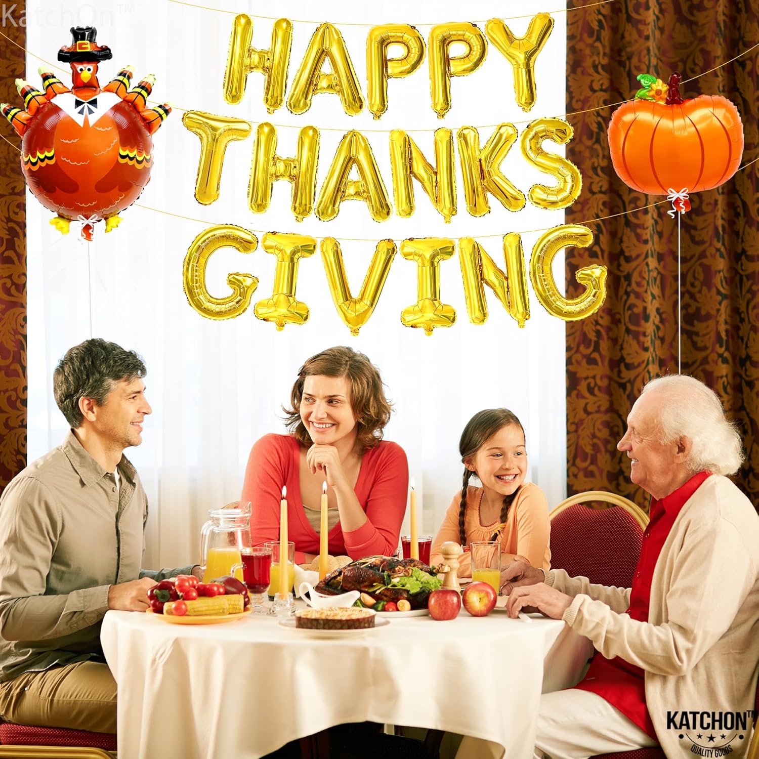 KatchOn, Juego de pancartas de globos con texto en inglés Happy Thanksgiving, tamaño grande de 16 pulgadas, paquete de 3, globos de pavo y calabaza,