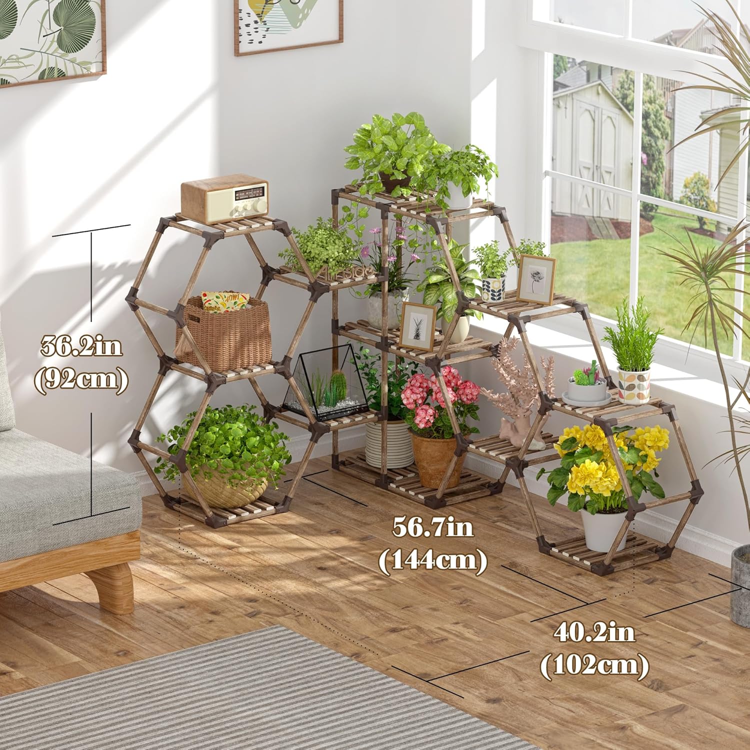 Allinside Soporte de esquina para plantas de interior, estante de esquina de 12 niveles para exteriores, soporte de madera para múltiples plantas,