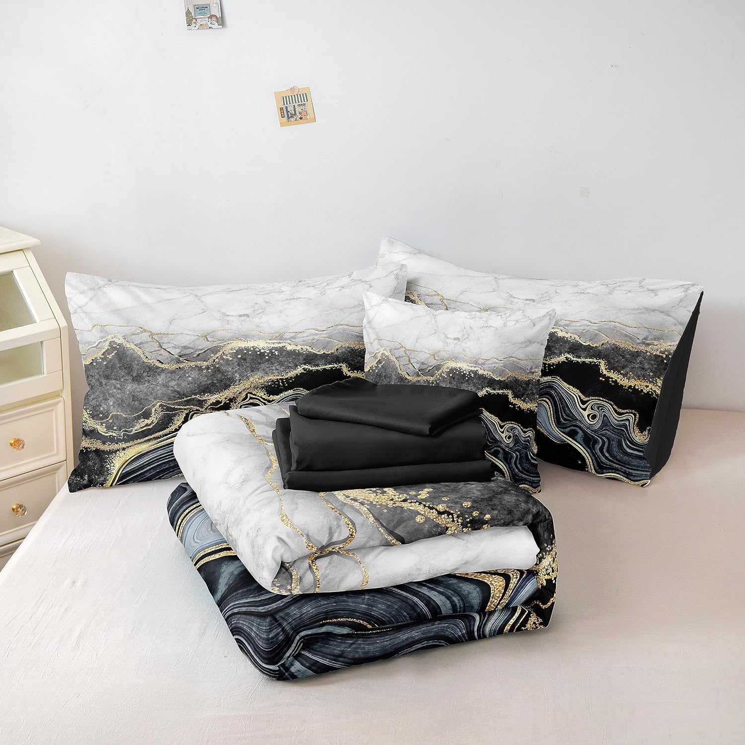 Move Over Juego de cama en una bolsa de mármol negro y dorado, tamaño Queen, 8 piezas, juego de ropa de cama de mármol abstracto, estilo moderno,