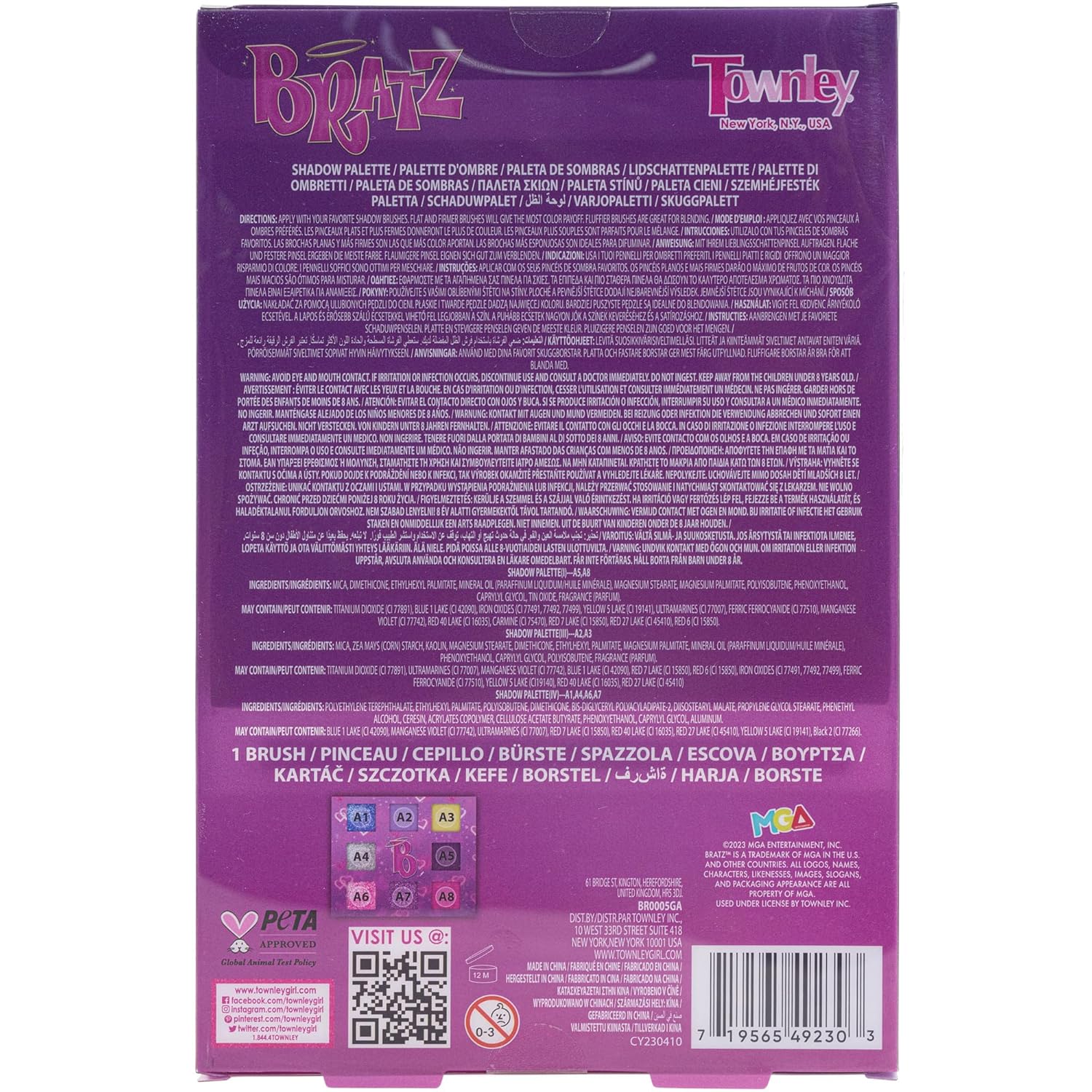 Townley Girl Bratz Paleta de sombra de ojos de 8 pozos, colores brillantes, pigmentada mezclable, 1 cepillo de aplicación, no tóxico, perfecto para