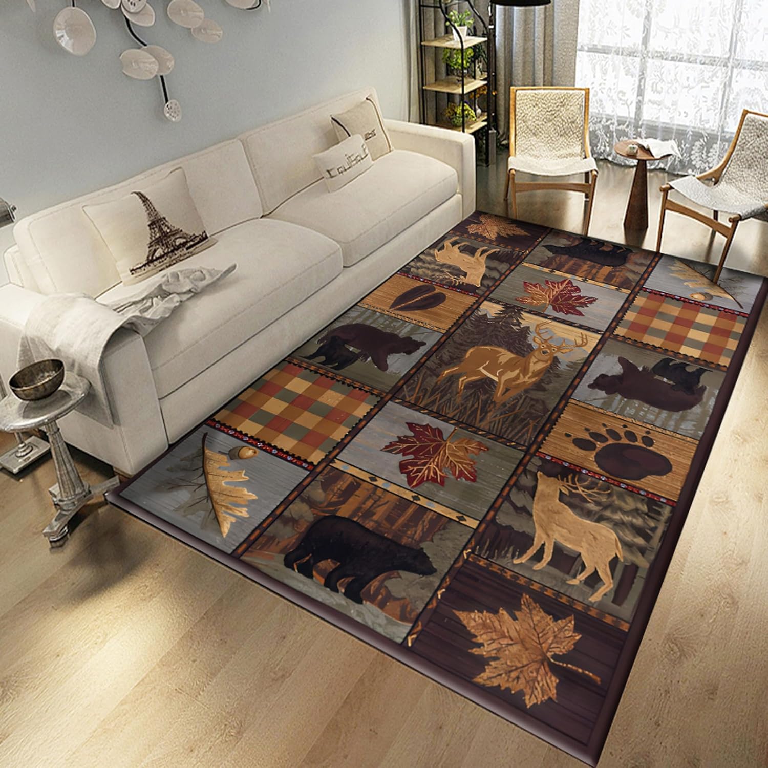Wildlife – Alfombra de área de oso negro, 4 x 6 pies, alfombra de cabaña de alce y hojas de arce natural marrón, alfombra para dormitorio, estilo