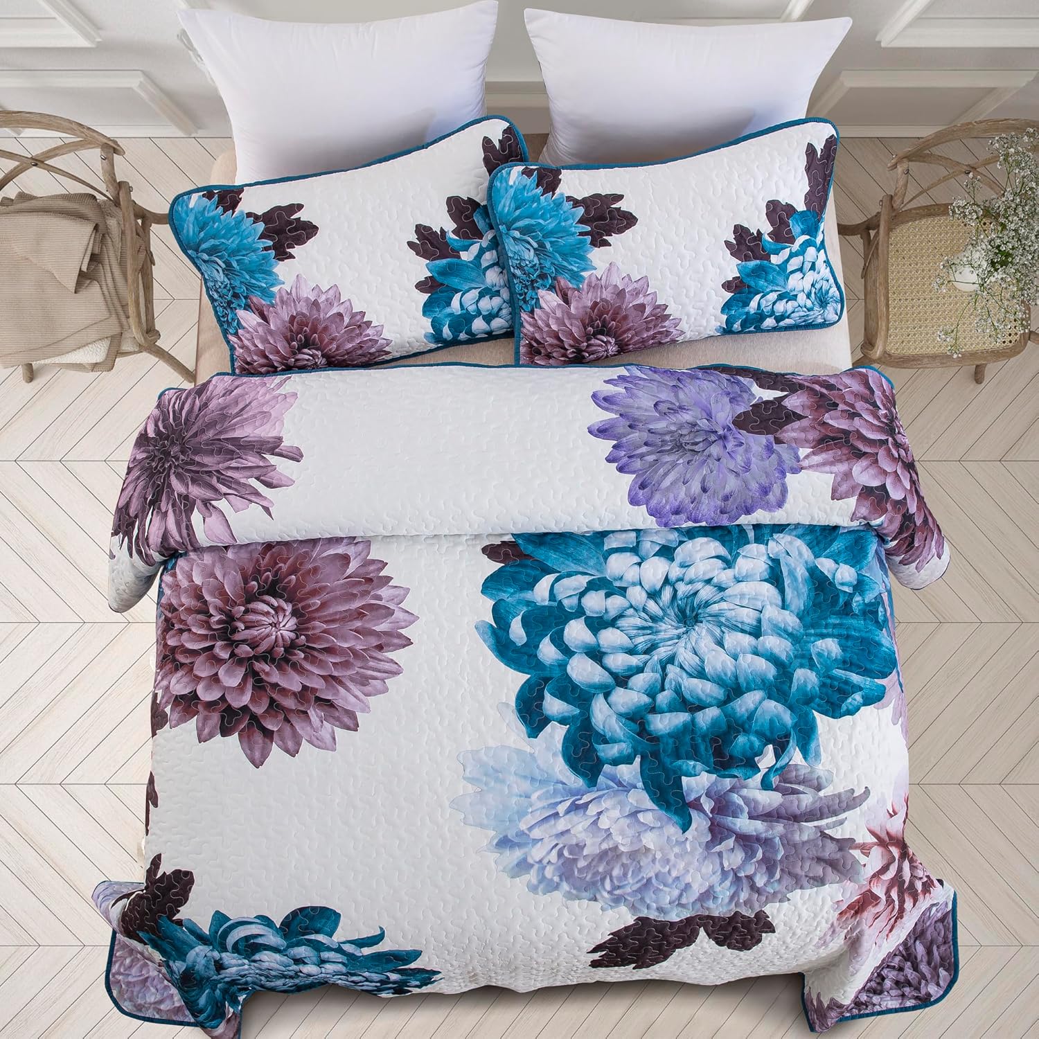 Dintszyayue Juego de edredón floral tamaño King, juego de edredón de 3 piezas con flores azules con 2 fundas de almohada, colcha de microfibra