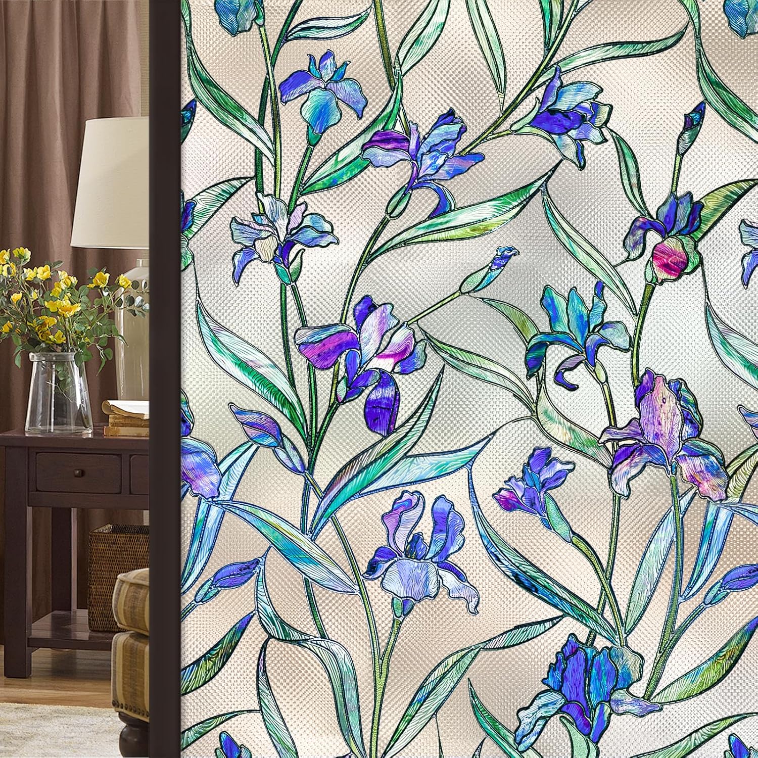 Coavas Película de privacidad para ventana, 3D, diseño floral, violeta, vitral, se adhiere a la estática, calcomanías esmeriladas para baño,