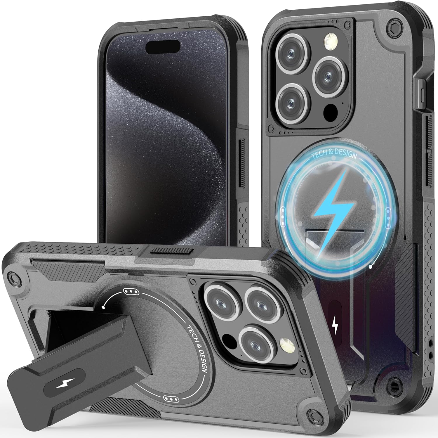 ACCREW Funda magnética para iPhone 15 Pro Max con soporte invisible compatible con MagSafe protección contra caídas con borde de TPU suave, parte