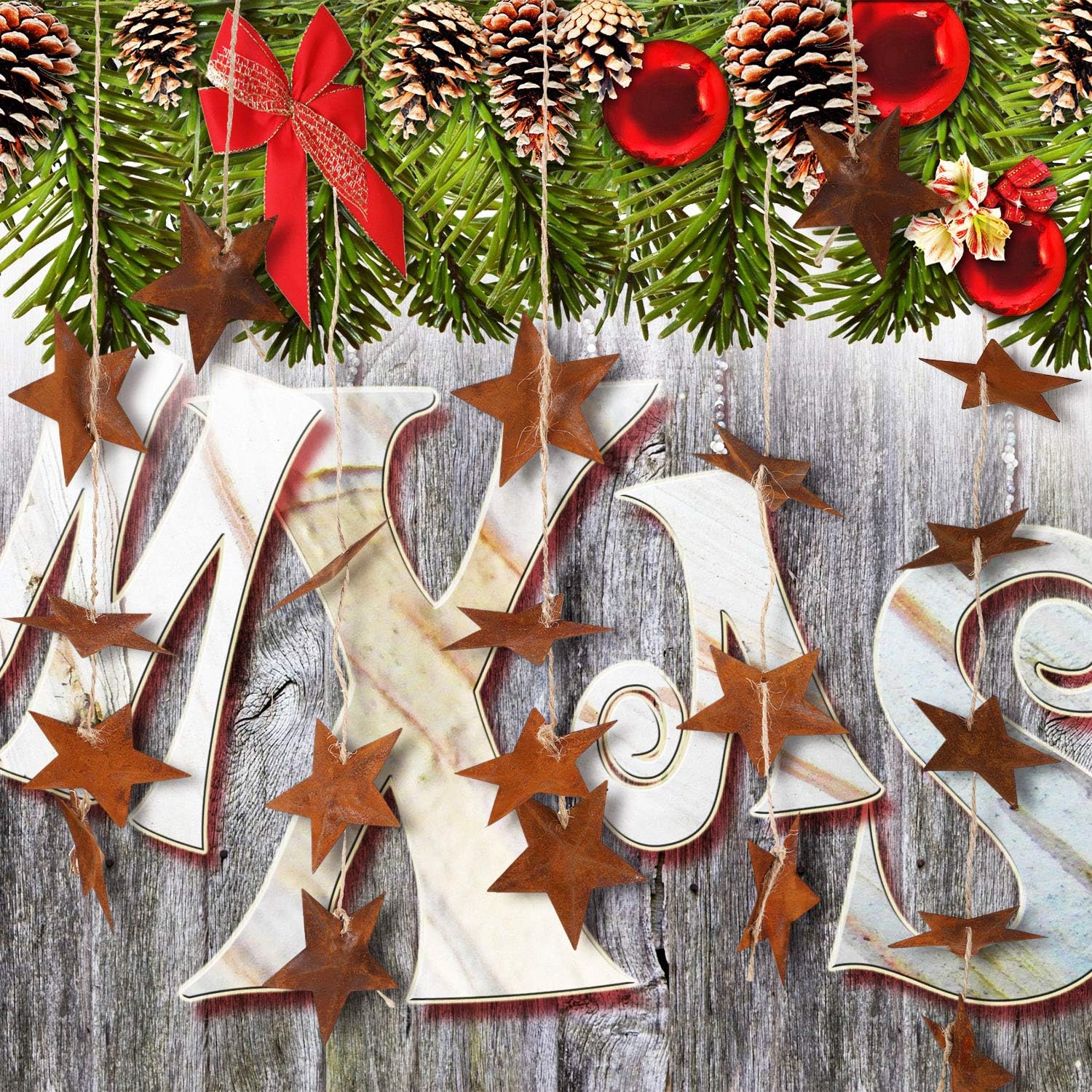 150 Pieces Christmas Rusty Metal Stars Xmas Rusty Stars with Hole and Twine for Christmas Tree Decoration Craft Supplies