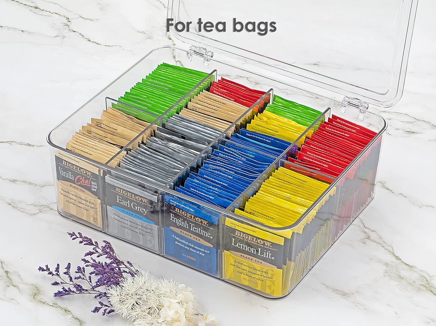 Organizador de refrigerador con tapa y separadores extraíbles, apilable multiusos para bolsitas de té, arte y manualidades, cocina, despensa,