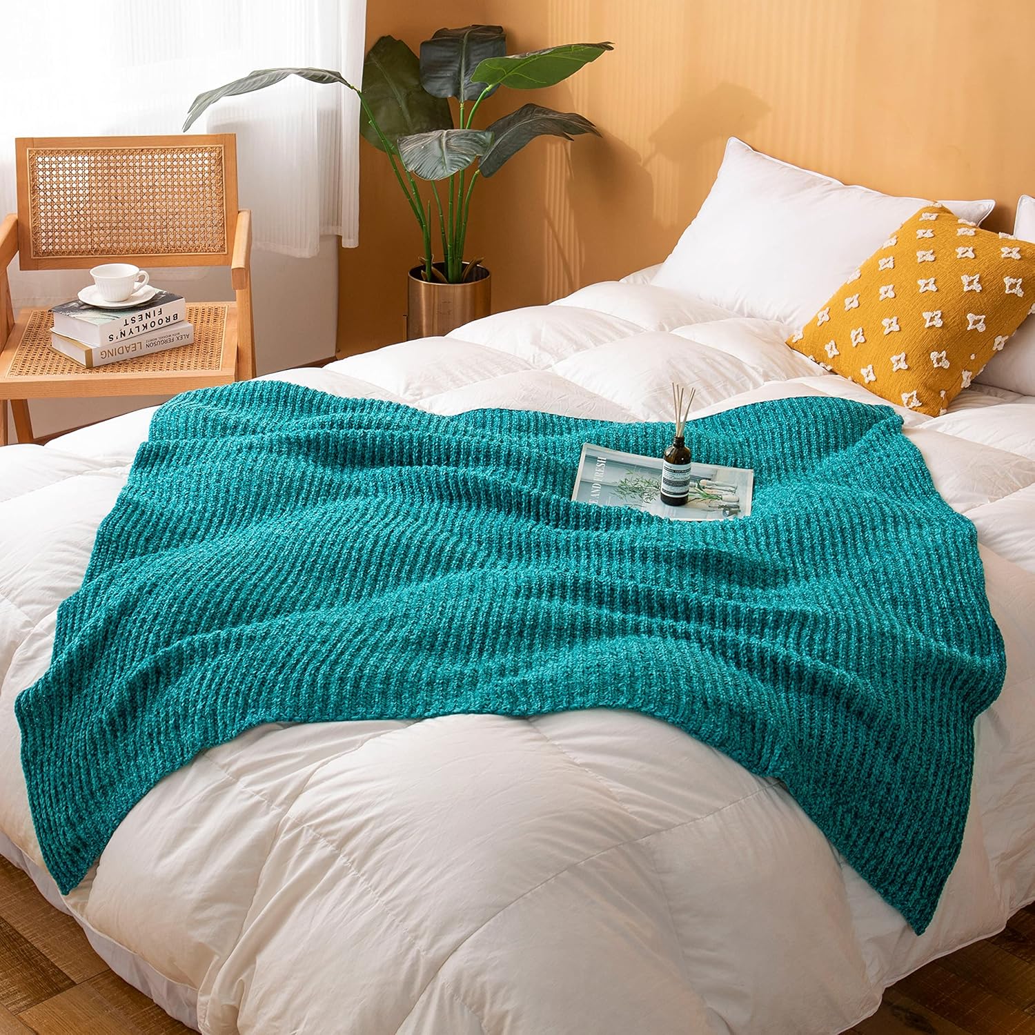 Aormenzy Manta de felpilla verde azulado para sofá, manta de punto azul turquesa, suave y acogedora manta decorativa para sofá, cama y silla