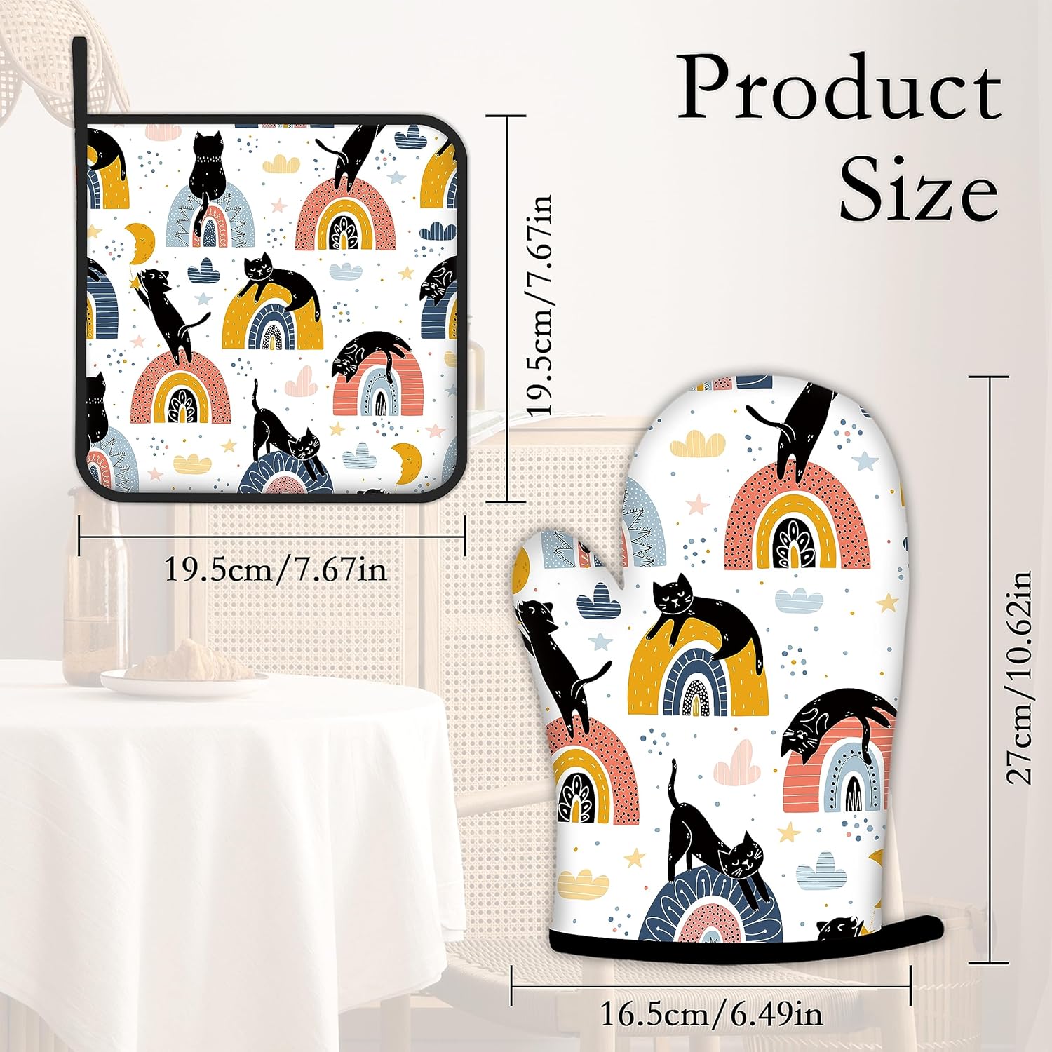 Guantes de horno y soportes para ollas con diseño de gato negro y arcoíris, juego de 2 piezas de almohadillas resistentes al calor para hornear,