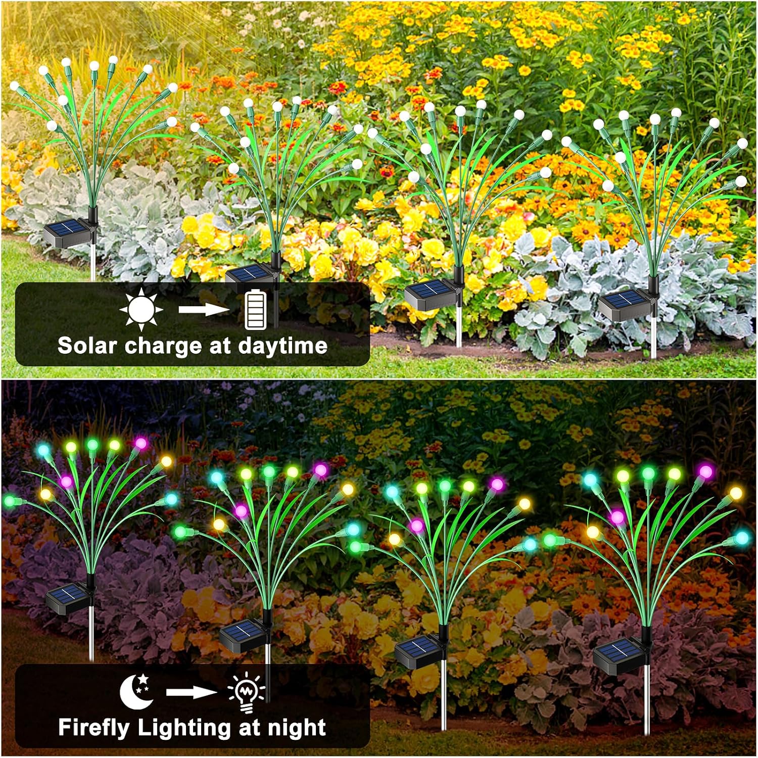 Paquete de 4 luces solares de jardín, 10 luces LED RGB alimentadas por energía solar, luces solares impermeables para exteriores, luces solares de