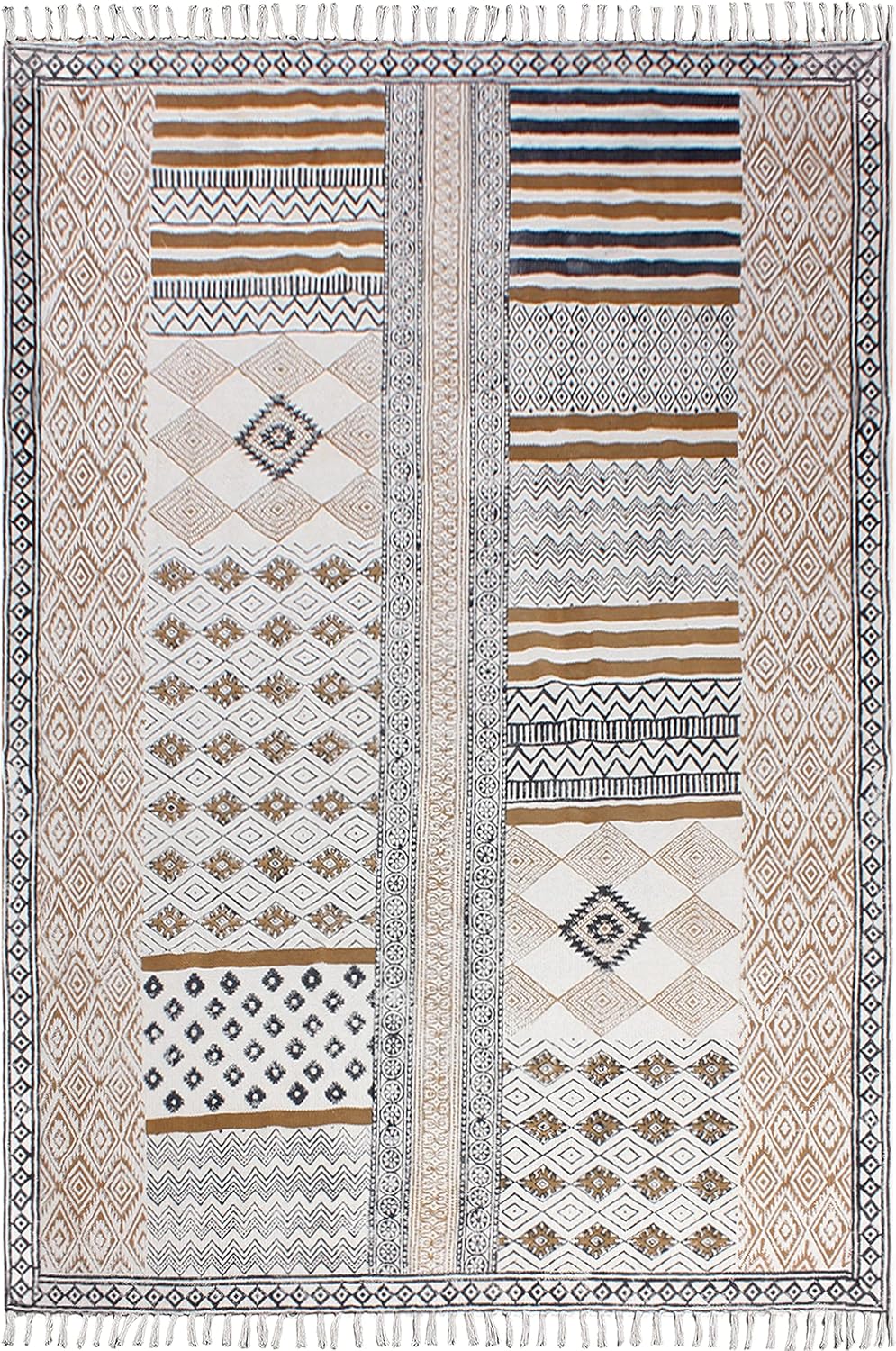 Collection – Alfombra rectangular de 5 x 8 pies, color marrón y negro, de algodón, diseño geométrico Dhurrie, para interiores y exteriores, para