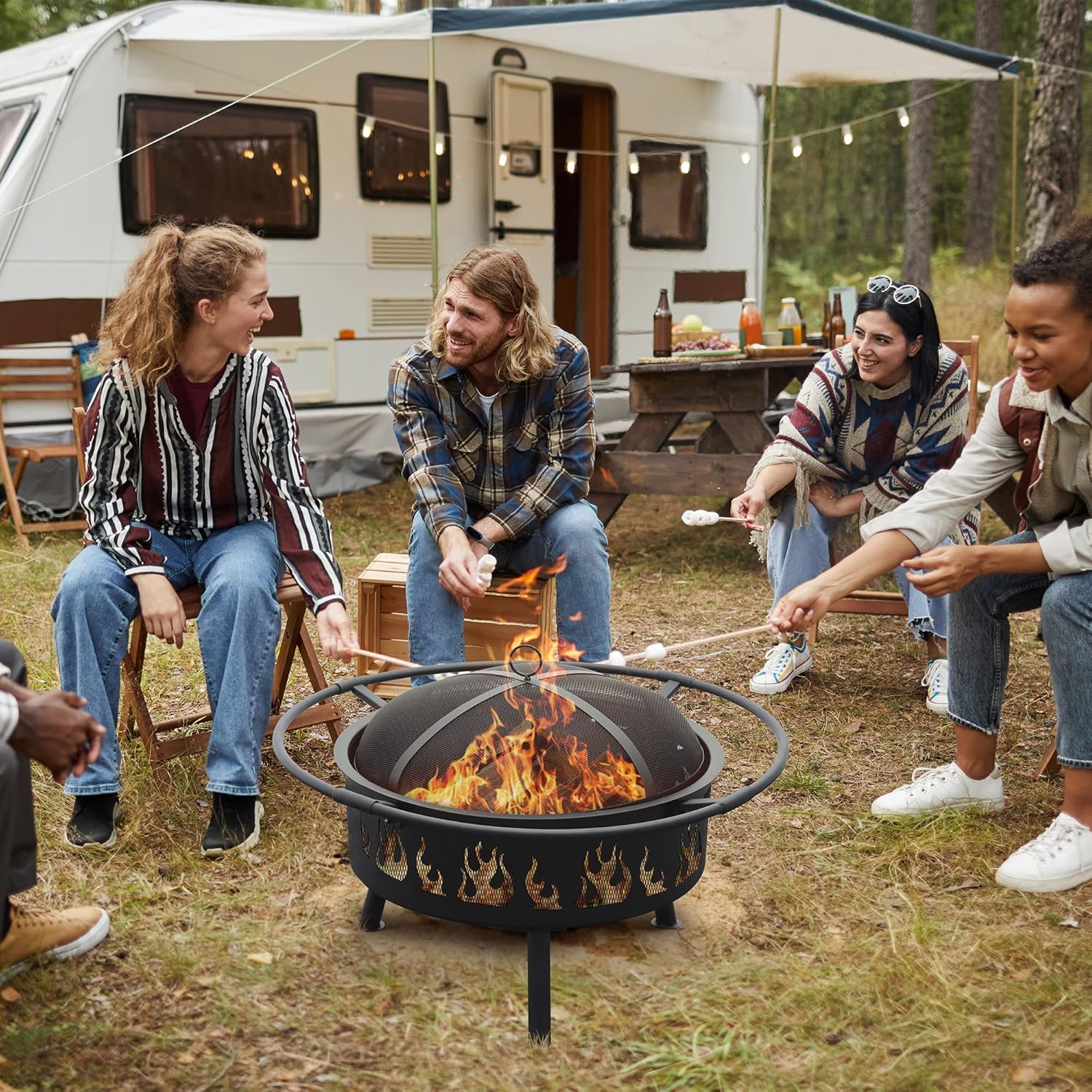 FUNBERRY Fogatas para exterior,Fogatas al aire libre con parrilla,Pozo de fuego de leña,Fogata de 30 pulgadas con pantalla de chispa,Rejilla de