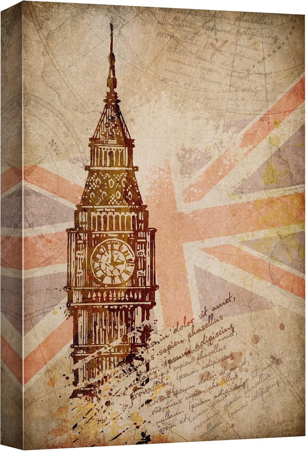 wall26 Lienzo impreso para pared, diseño retro, vintage, bandera de Union Jack, arquitectura y mapas del Big Ben, arte digital, arte moderno,