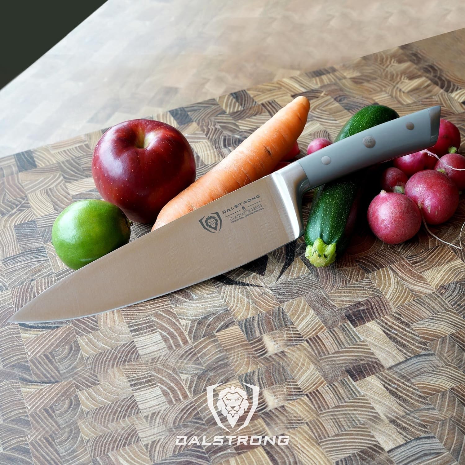 Dalstrong Cuchillo de chef  8 pulgadas  Serie Gladiator  Mango ABS gris ahumado  Acero alemán forjado de alto carbono  Cuchillo de cocina de espiga