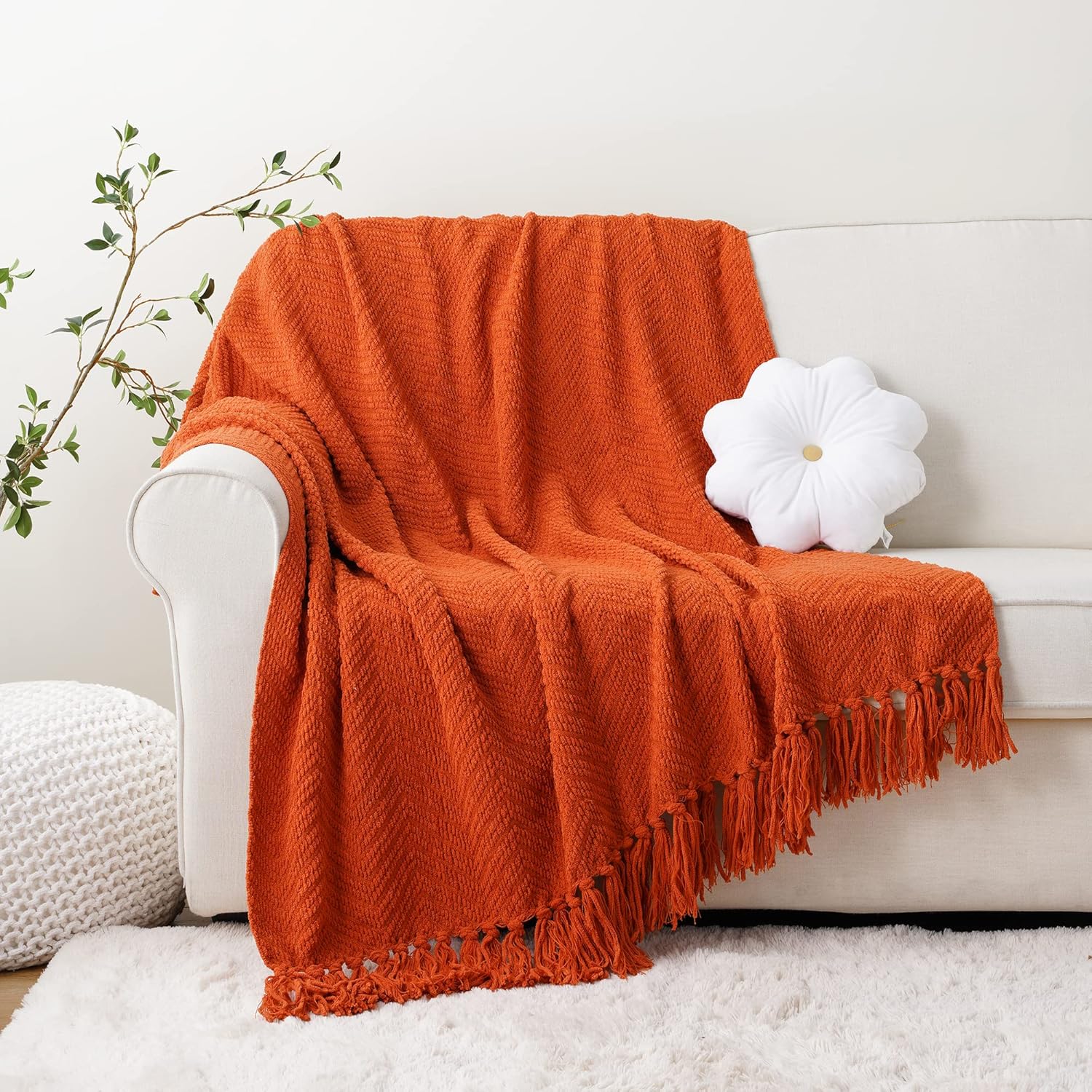 BATTILO HOME Manta naranja quemada para sofá, manta tejida de decoración de otoño versátil para silla, manta decorativa de Halloween con borlas para