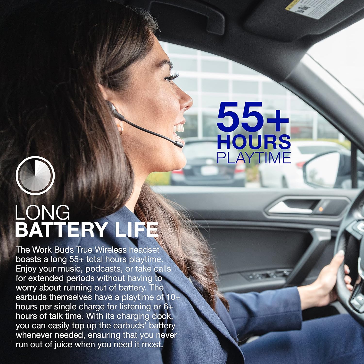 JLab Work Buds – Auriculares intrauditivos inalámbricos con micrófono desmontable con cancelación de ruido, negro, largo más de 55 horas totales de