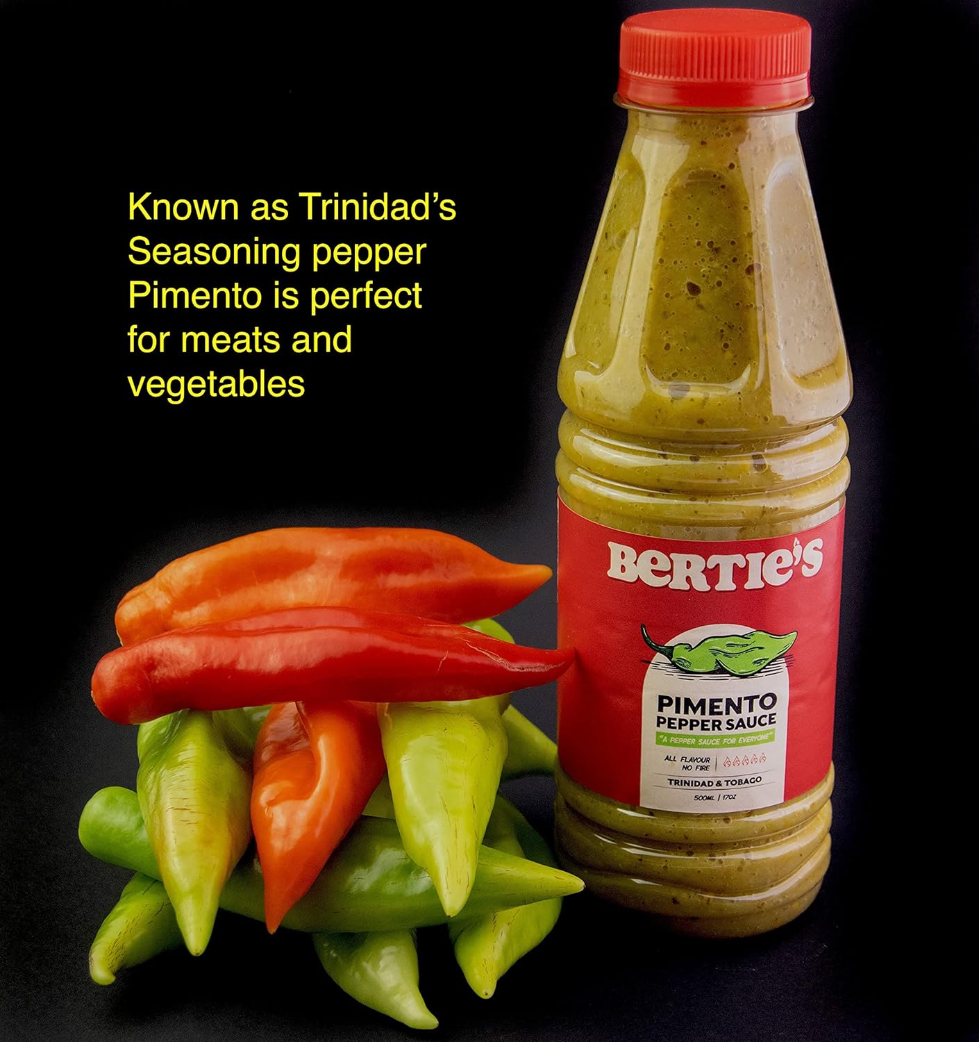 Bertie’s Trinidad Pimento Salsa de pimienta (17 onzas16.9fl oz)  Añade un maravilloso sabor y aroma sin el calor al plato
