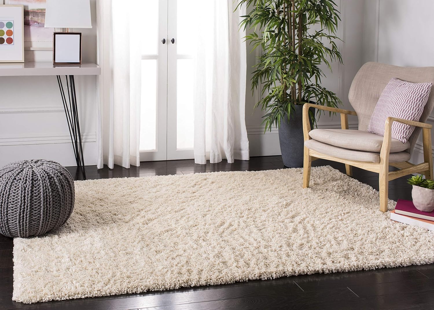 SAFAVIEH Colección Fontana Shag FNT800B – Alfombra de felpa de 5 pies 3 pulgadas x 7 pies 6 pulgadas, color crema y no desprende pelusa, para sala