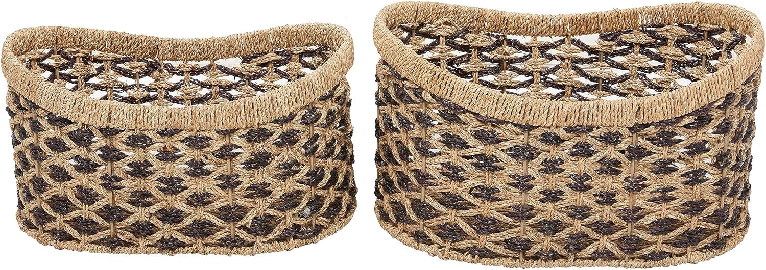 Deco 79 Seagrass – Cesta de almacenamiento hecha a mano de dos tonos con asas, juego de 2 10 pulgadas, 9 pulgadas de alto, color marrón