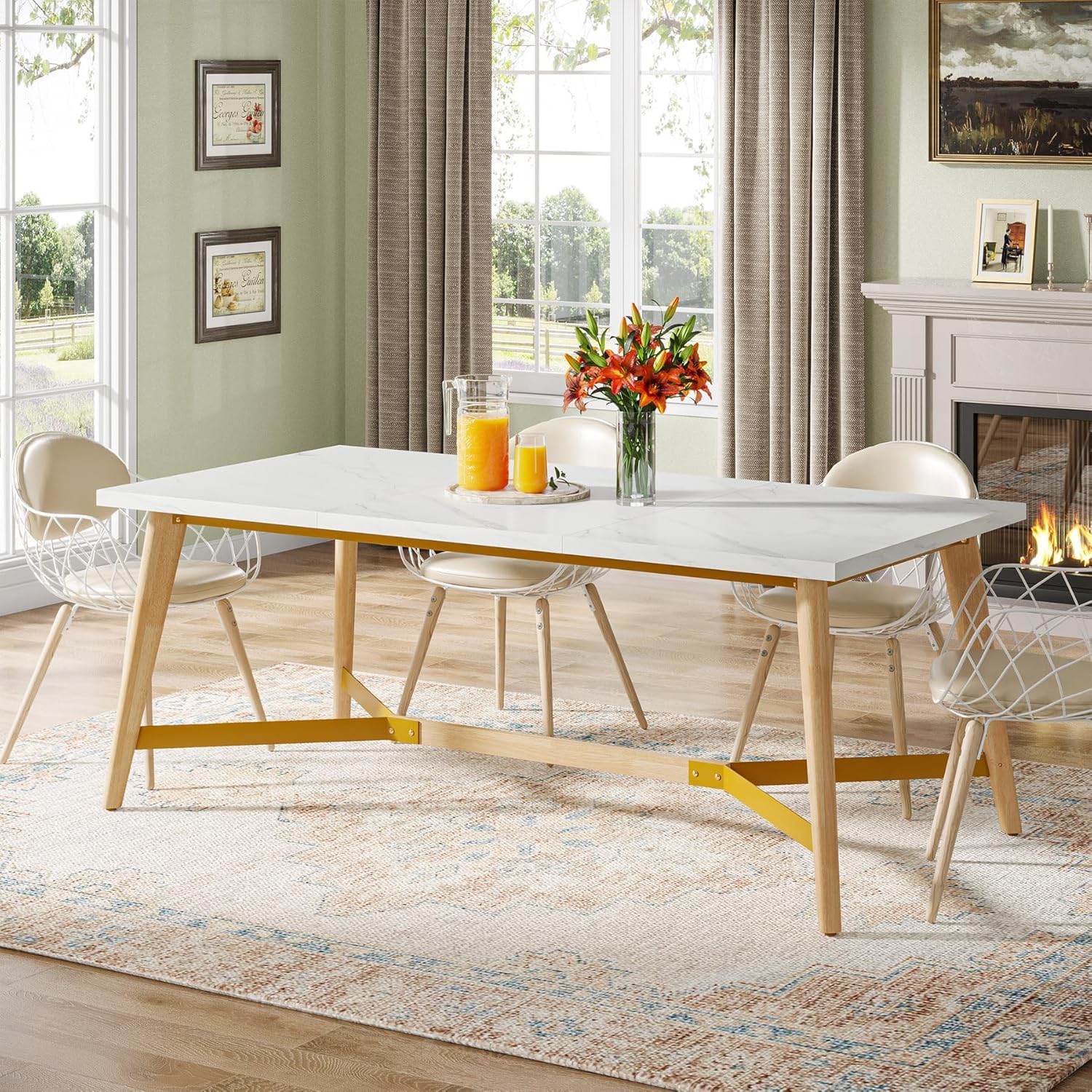 Tribesigns Mesa de comedor para 6-8 personas, mesa de cocina rectangular de 70.9 pulgadas con patas de madera maciza, mesa de comedor de madera de