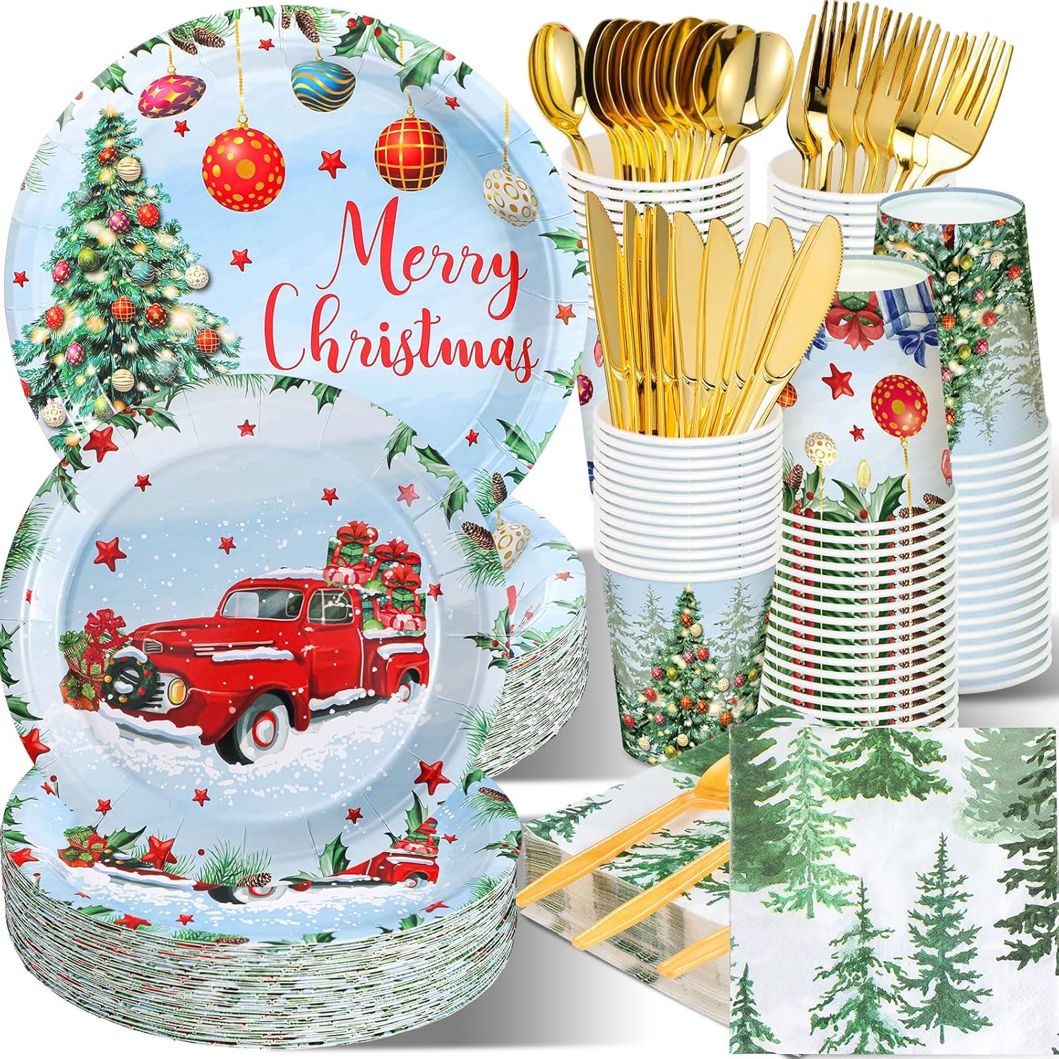 Juego de vajilla desechable de 350 piezas, sirve 50 unidades, platos de papel para camión de Navidad, servilletas de árbol de Navidad, tazas,