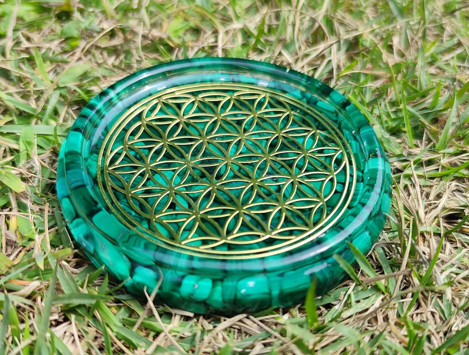 ZZYBIA LARGE 4″ Malachite Crystals Flower Of Life Coaster Water Charging Plate Energy Dome