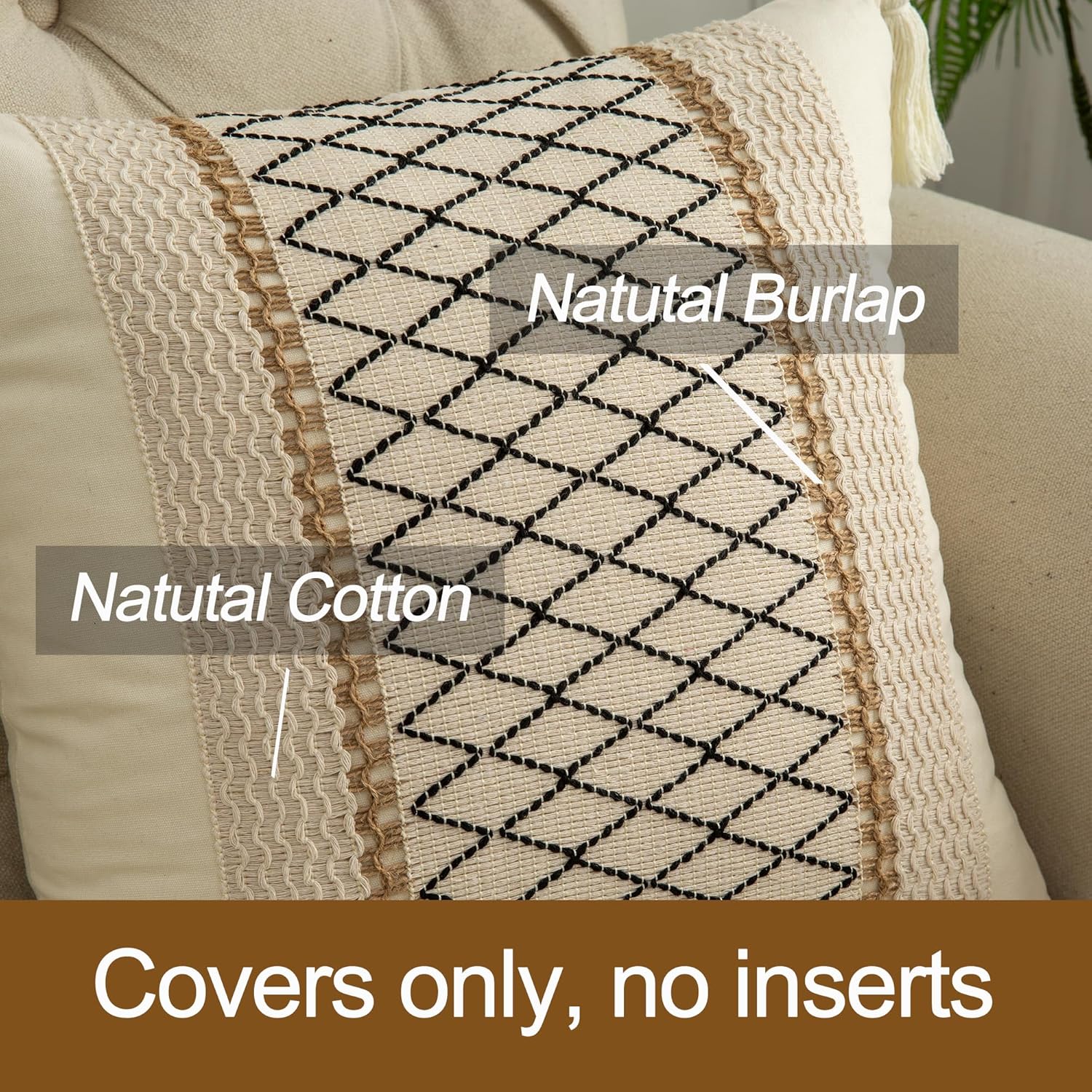 Fundas de almohada de 16 x 16 pulgadas con borlas para sala de estar, algodón y arpillera con textura a rayas, fundas de almohada bohemias (cuadros
