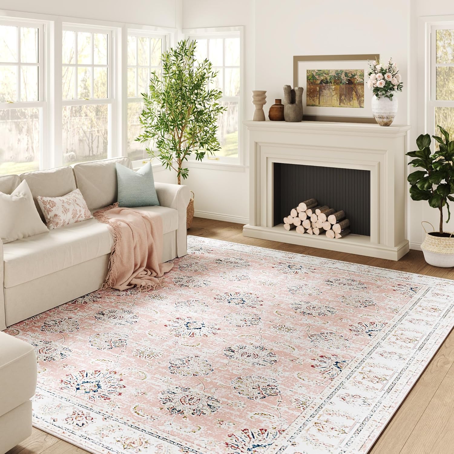 jinchan Alfombra de área de 6 x 9 pies, lavable, estilo bohemio, con estampado floral rosa, alfombra grande para interiores, suave, envejecida,