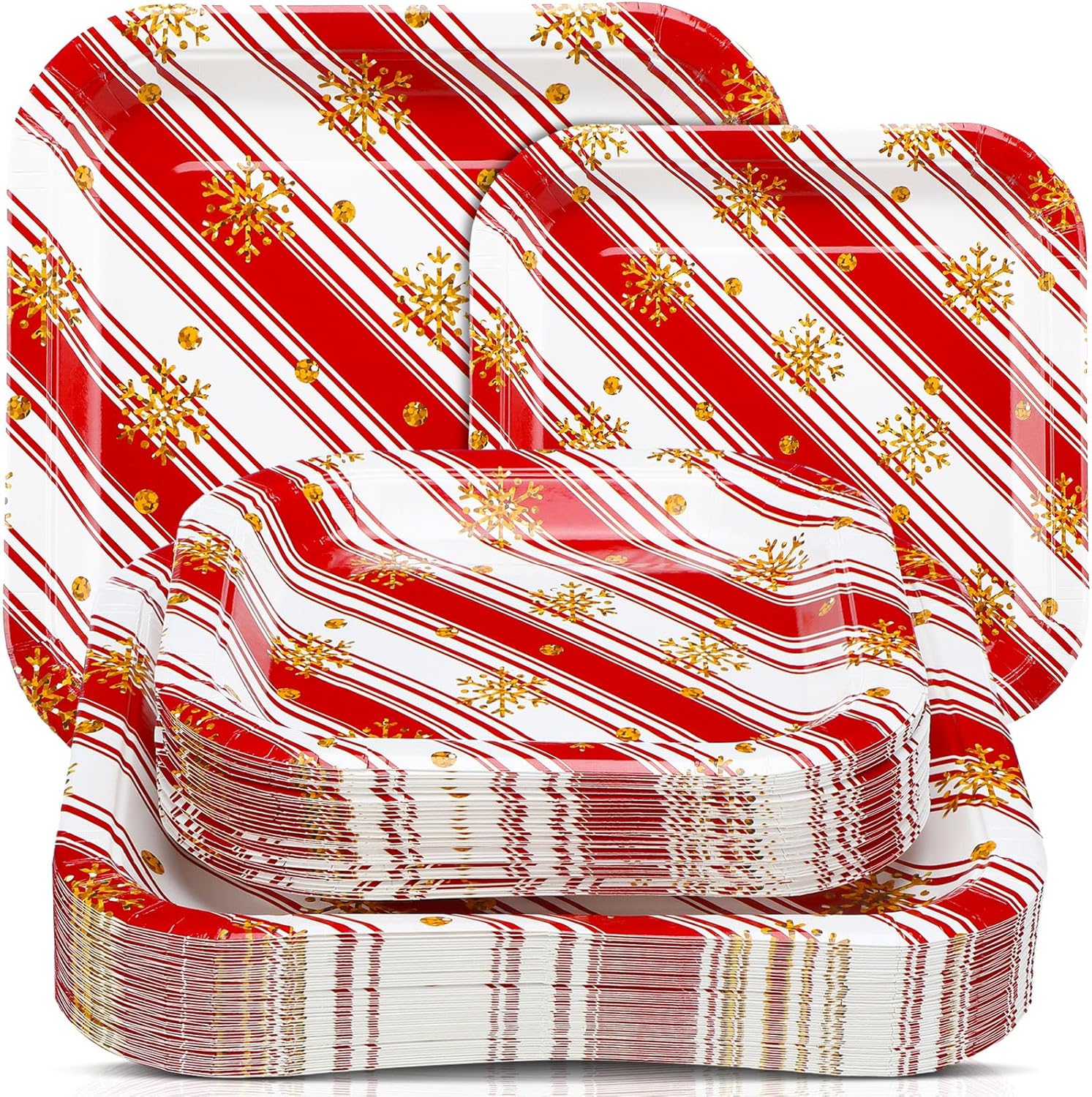 Umigy 100 platos de papel de Navidad, platos desechables para cena, platos de papel de copo de nieve de oro rojo, platos de postre a granel de 7