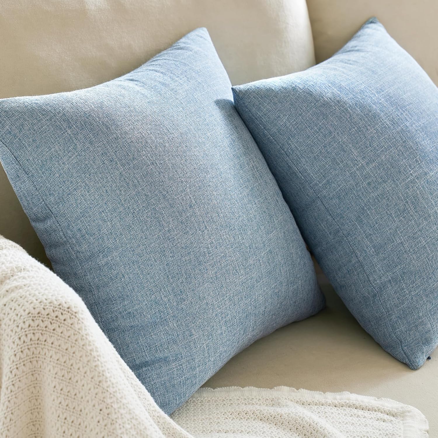 ANRODUO Paquete de 2 fundas de almohada decorativas de lino y arpillera, cuadradas, sólidas, para sofá, automóvil, 18 x 18 pulgadas, color azul claro