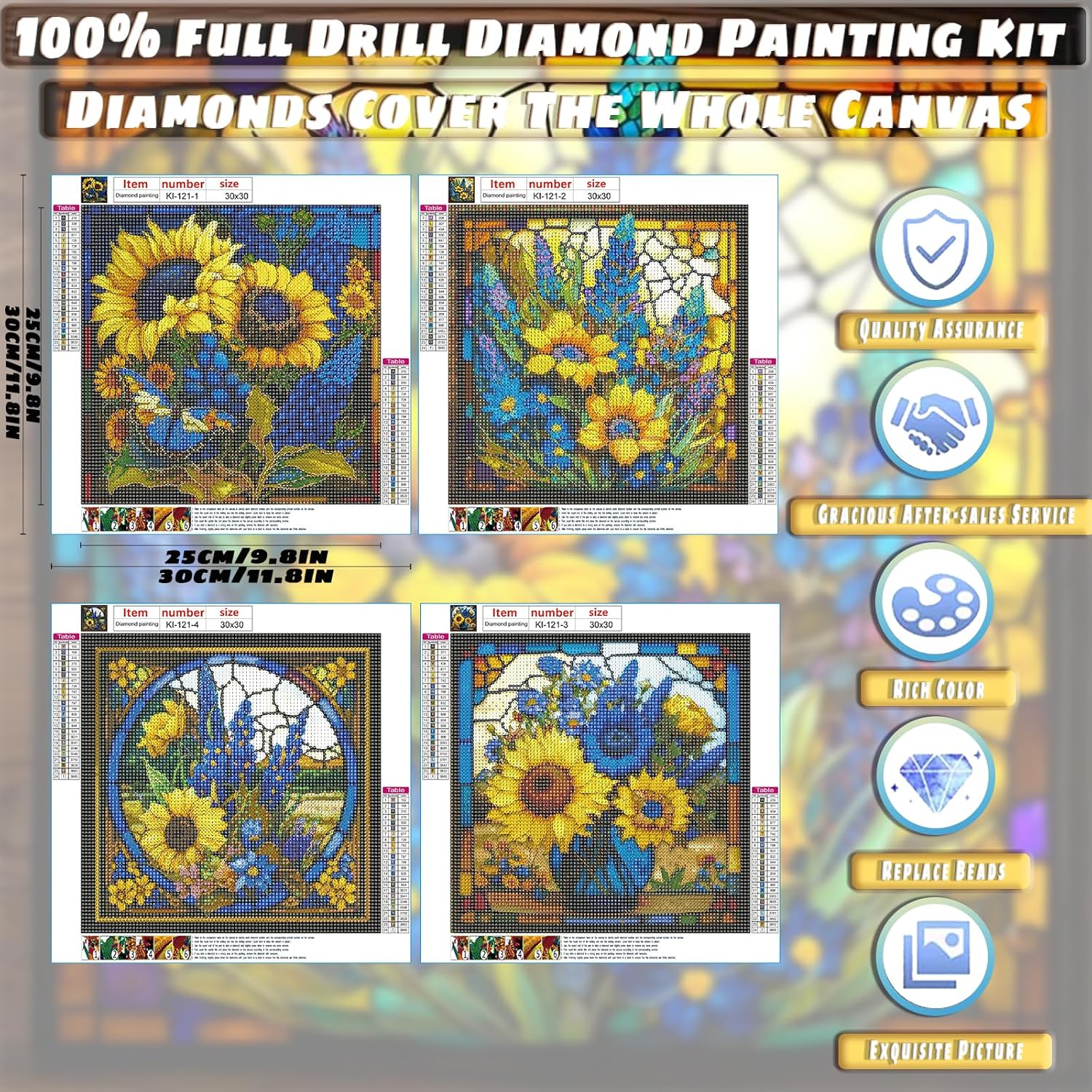 KICHANG Juego de 4 piezas de pintura de diamantes de girasol, kits de pintura de diamante 5D para adultos, kits de pintura de diamantes de bricolaje