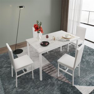 Juego de mesa de cocina de madera industrial de 5 piezas con 4 sillas, un complemento perfecto para el ambiente de tu comedor Juego de mesa de cocina de madera industrial de 5 piezas con 4 sillas, un complemento perfecto para el ambiente de tu comedor