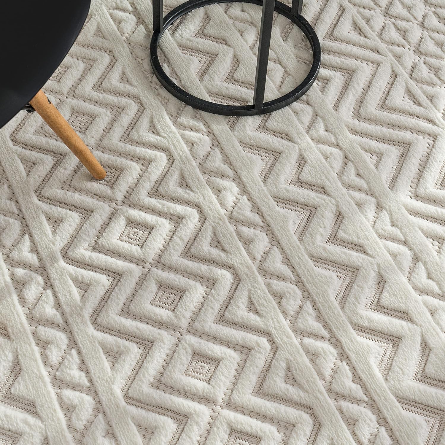 Paco Home Alfombra para interiores y exteriores con patrón bohemio texturizado en crema, tamaño 3’11” x 5’3″