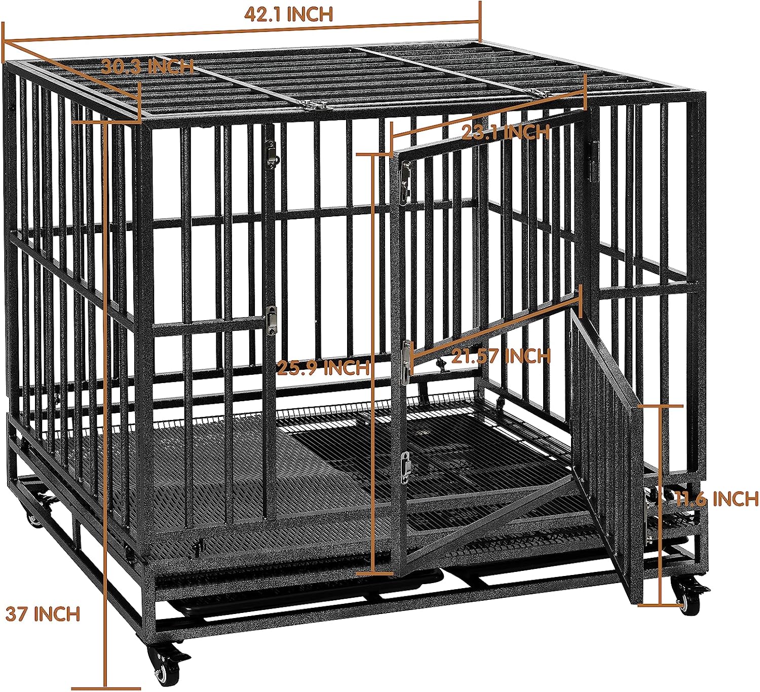Luckyberry Jaula de perro indestructible extra grande de 42 pulgadas para interiores con ruedas bloqueables para la ansiedad de separación y bandeja