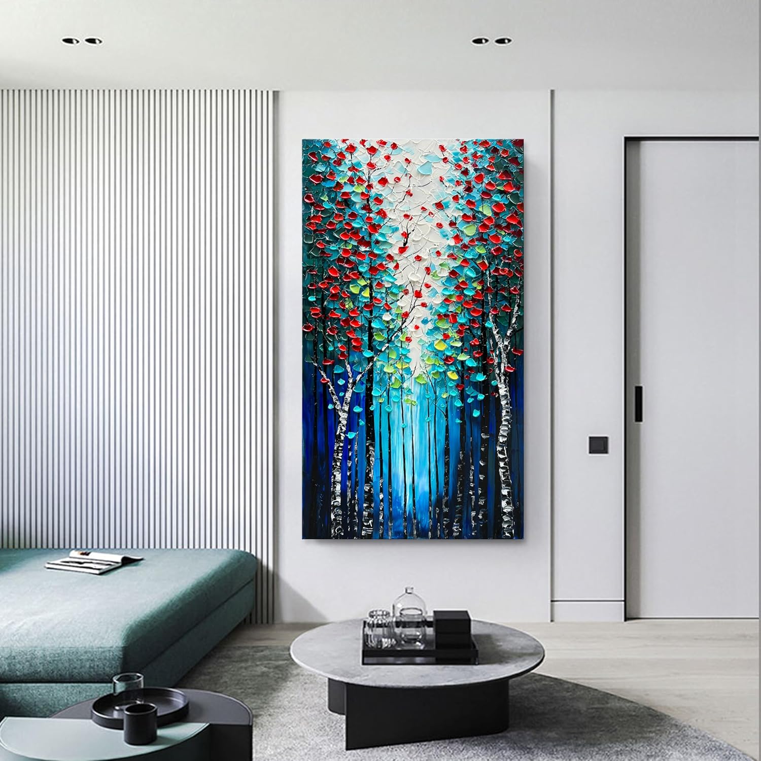 Diathou Paisaje forestal pintado a mano, pintura al óleo, azul oscuro, lienzo vertical, grande, arte de pared, 46 x 23 pulgadas, pintura al óleo,
