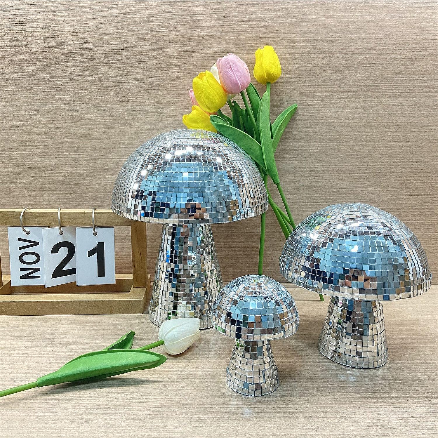 Bola de discoteca de hongos, espejo plateado con purpurina para decoración de mesa, luz reflectante para bar, pista de baile, fiesta, habitación,