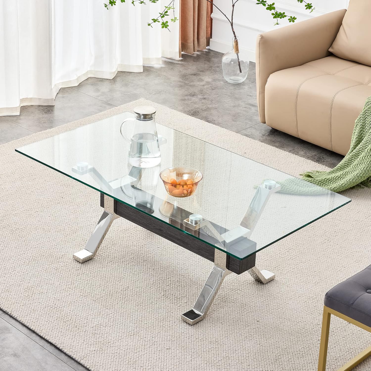 Mesa de centro rectangular transparente moderna, mesa de centro única de vidrio templado con patas de metal plateado y barra transversal de MDF,