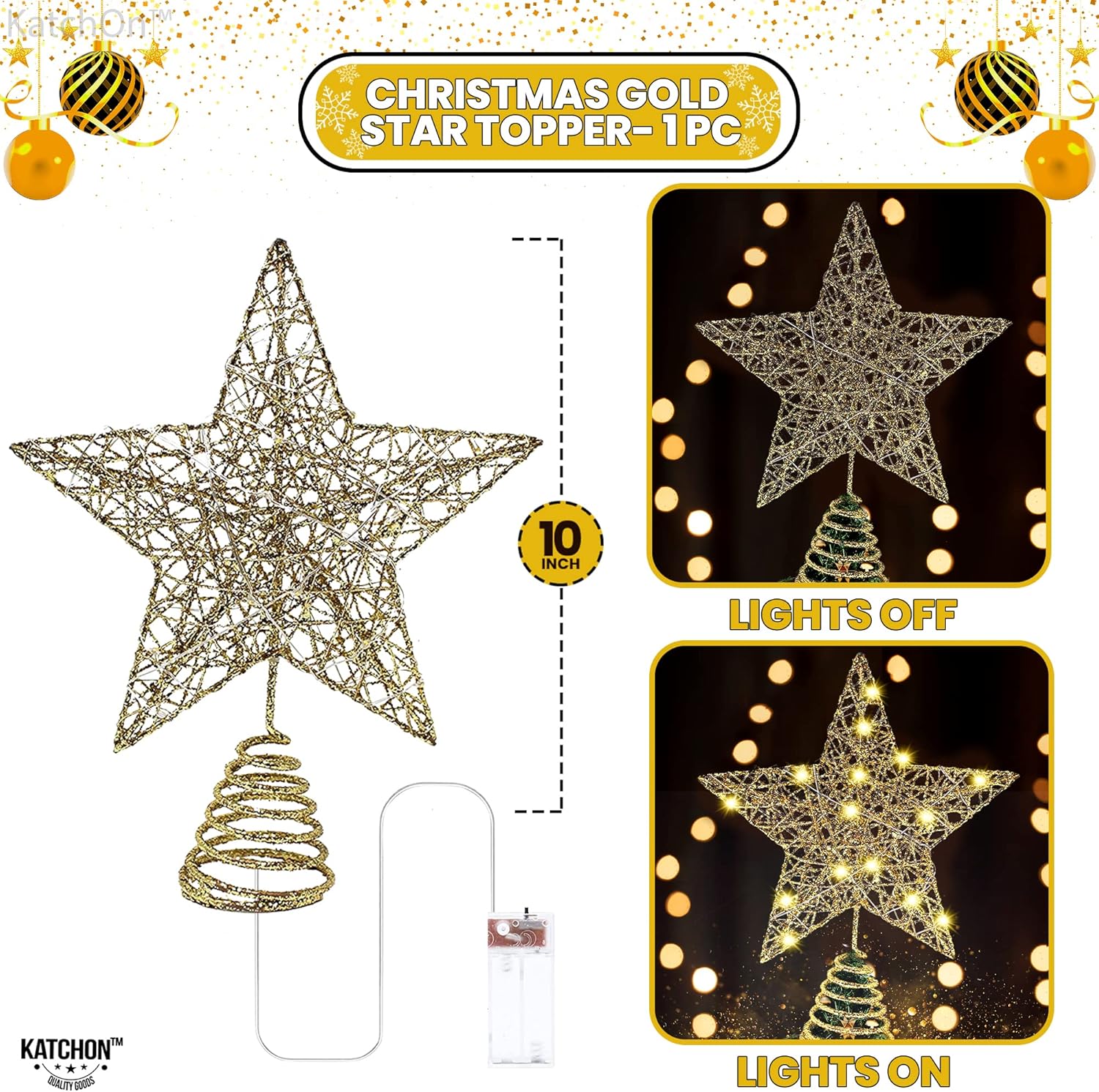 KatchOn, Estrella dorada iluminada para árbol de Navidad, 20 LED, 10 pulgadas, estrella para decoración de árbol de Navidad, decoración de estrella