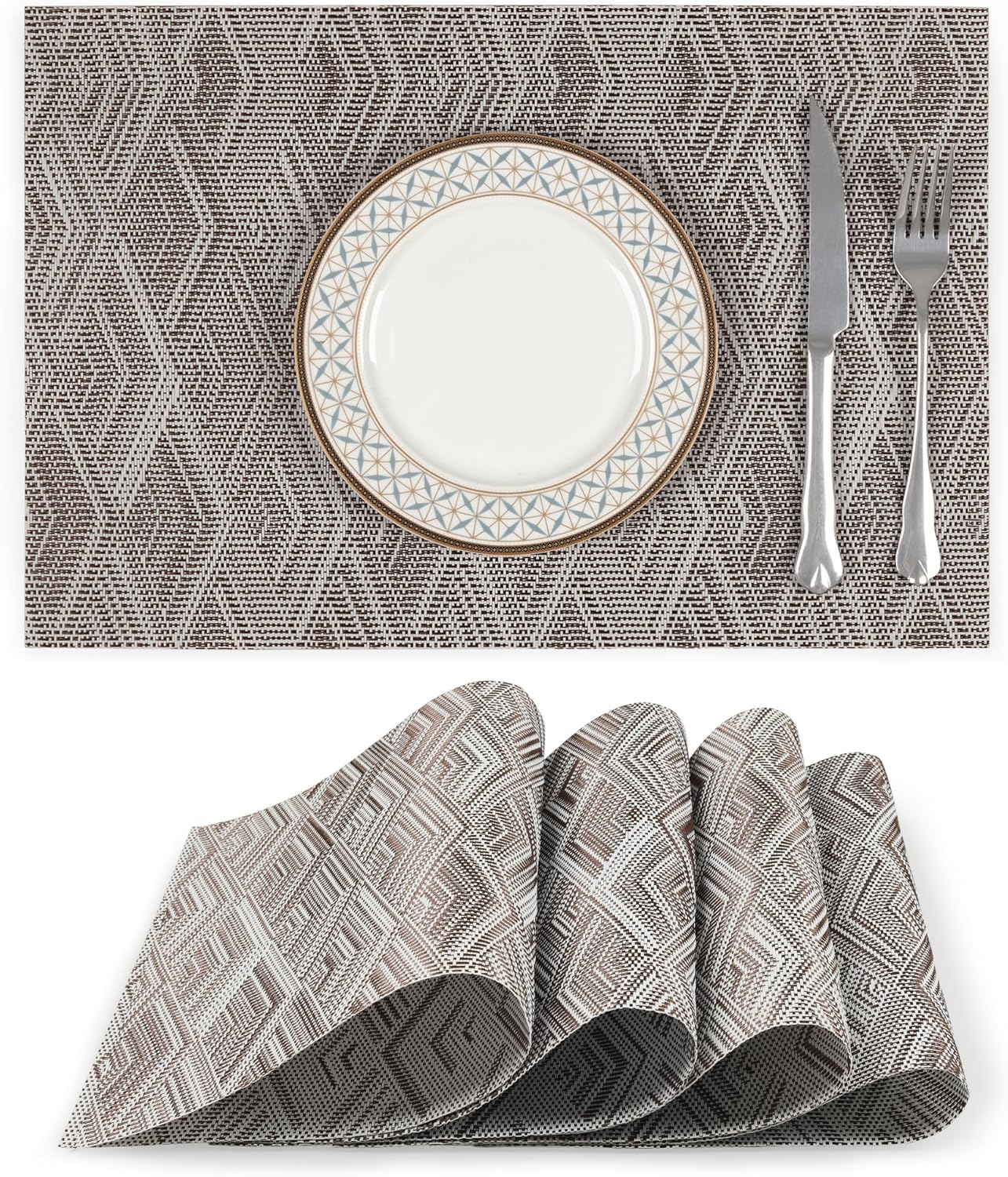 fanquare Juego de 4 manteles individuales con patrón de rombos, manteles individuales de PVC fáciles de limpiar para cocina, mesa de comedor,