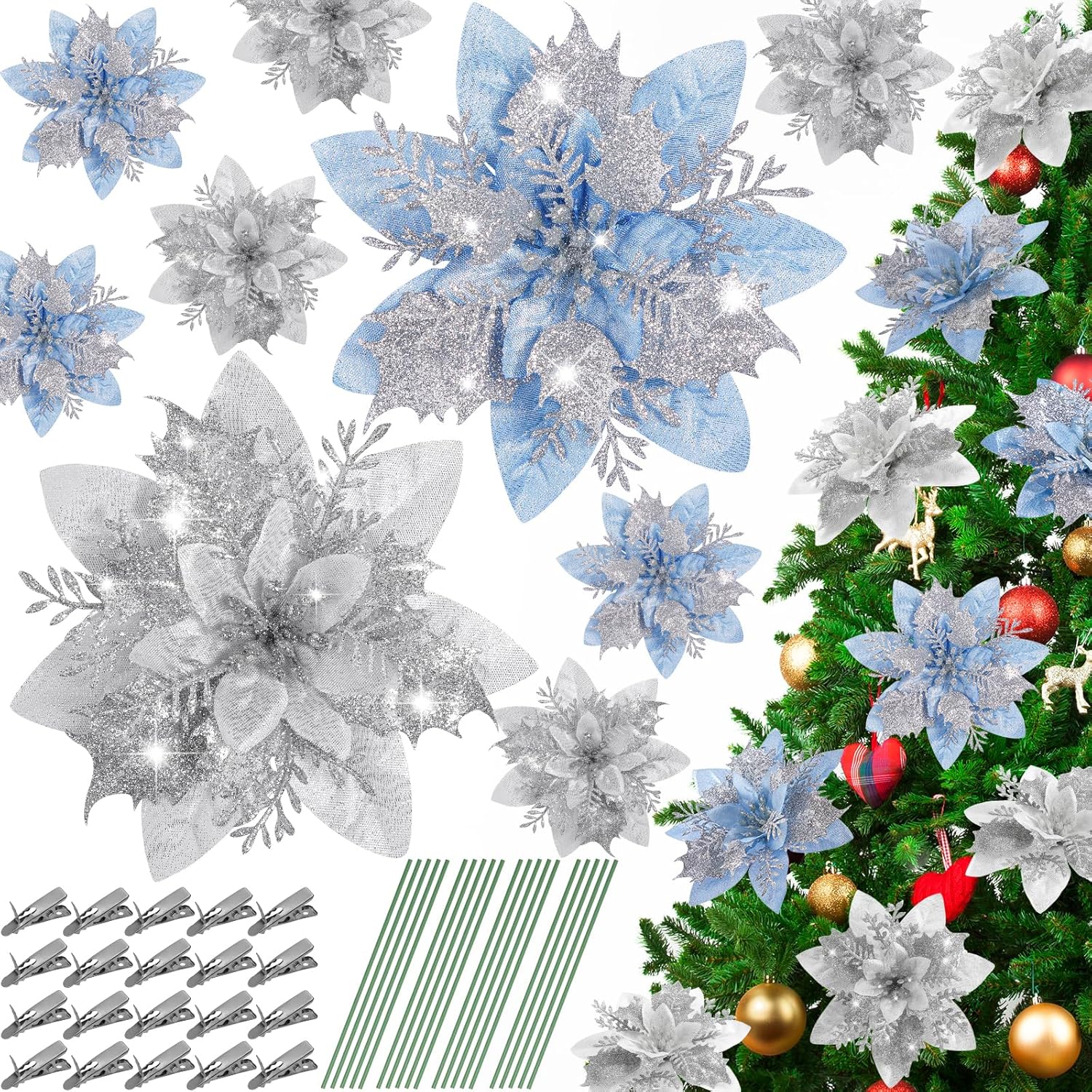 Serwalin 20 flores de Navidad artificiales de 5.5 pulgadas (5.5 in), color azul plateado, flores de pascua con clips, tallos con purpurina, adornos