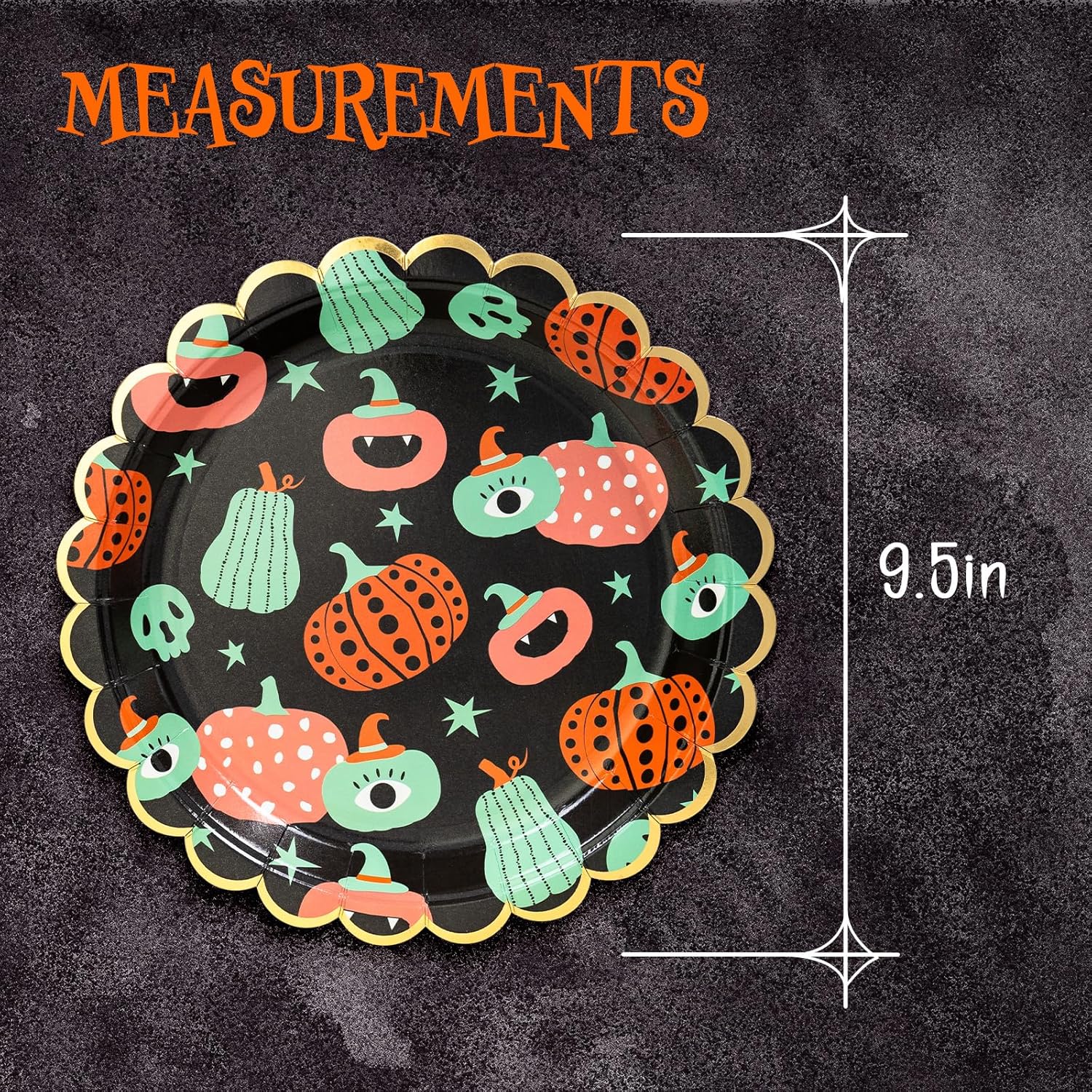 Platos de papel de Halloween, 50 platos desechables para cena de Halloween, festoneados, suministros de fiesta, calabazas funky, negro