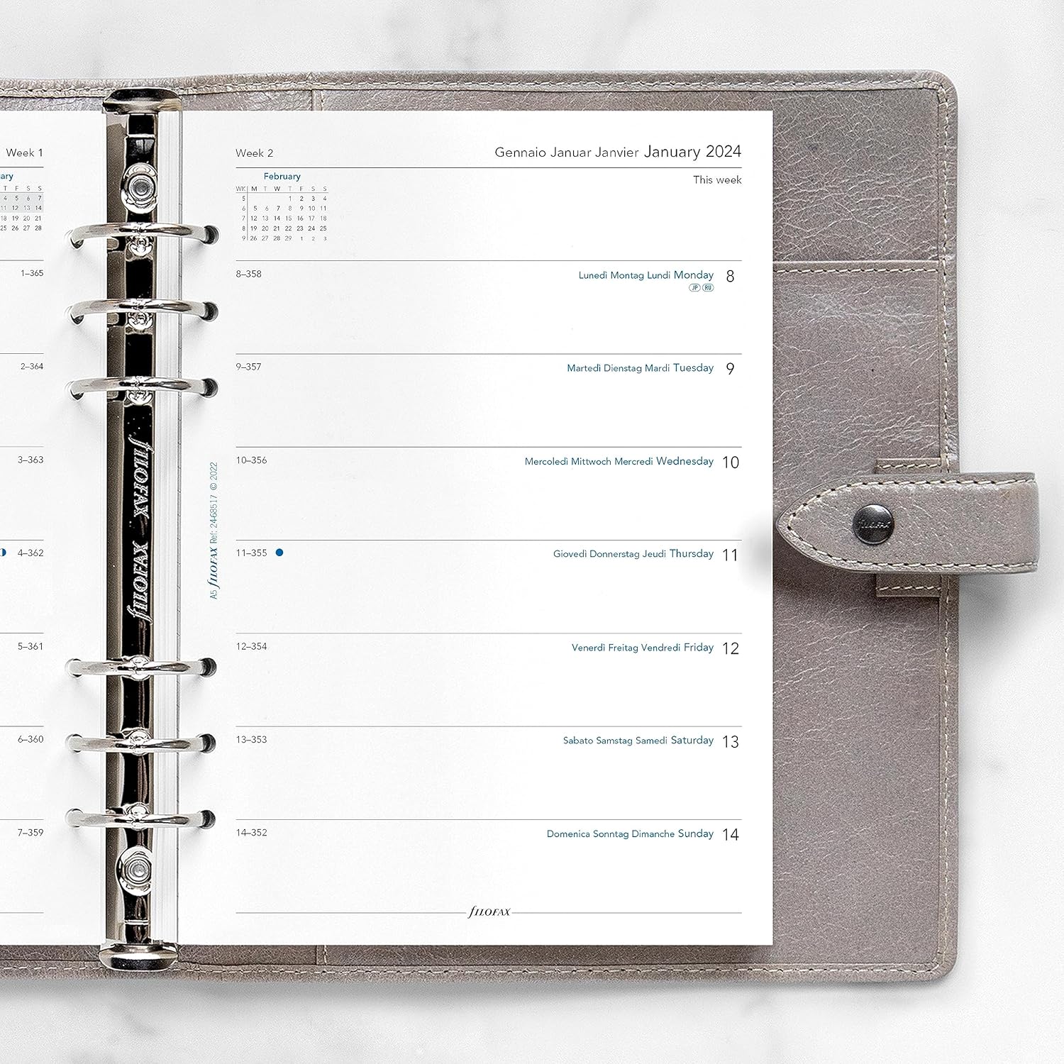 Filofax Recambio de diario para calendario, tamaño A5, semana en una página, libro blanco, sin rayas, multilingüe cuatro idiomas, 2024 (C68517-24)