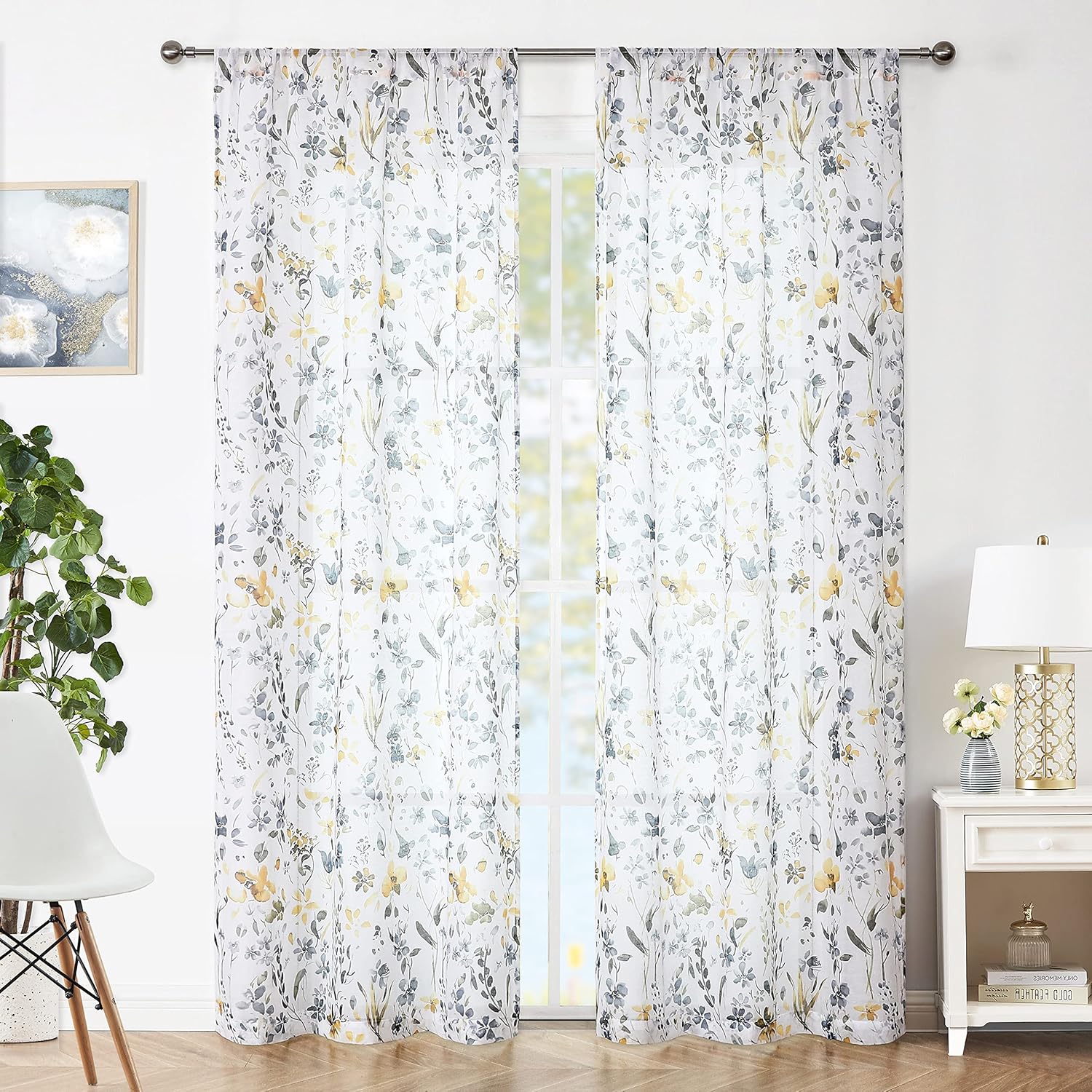 Fragrantex Cortinas traslúcidas de acuarela floral amarillo y gris, 84 pulgadas de largo para sala de estar, estampado botánico, tela texturizada de
