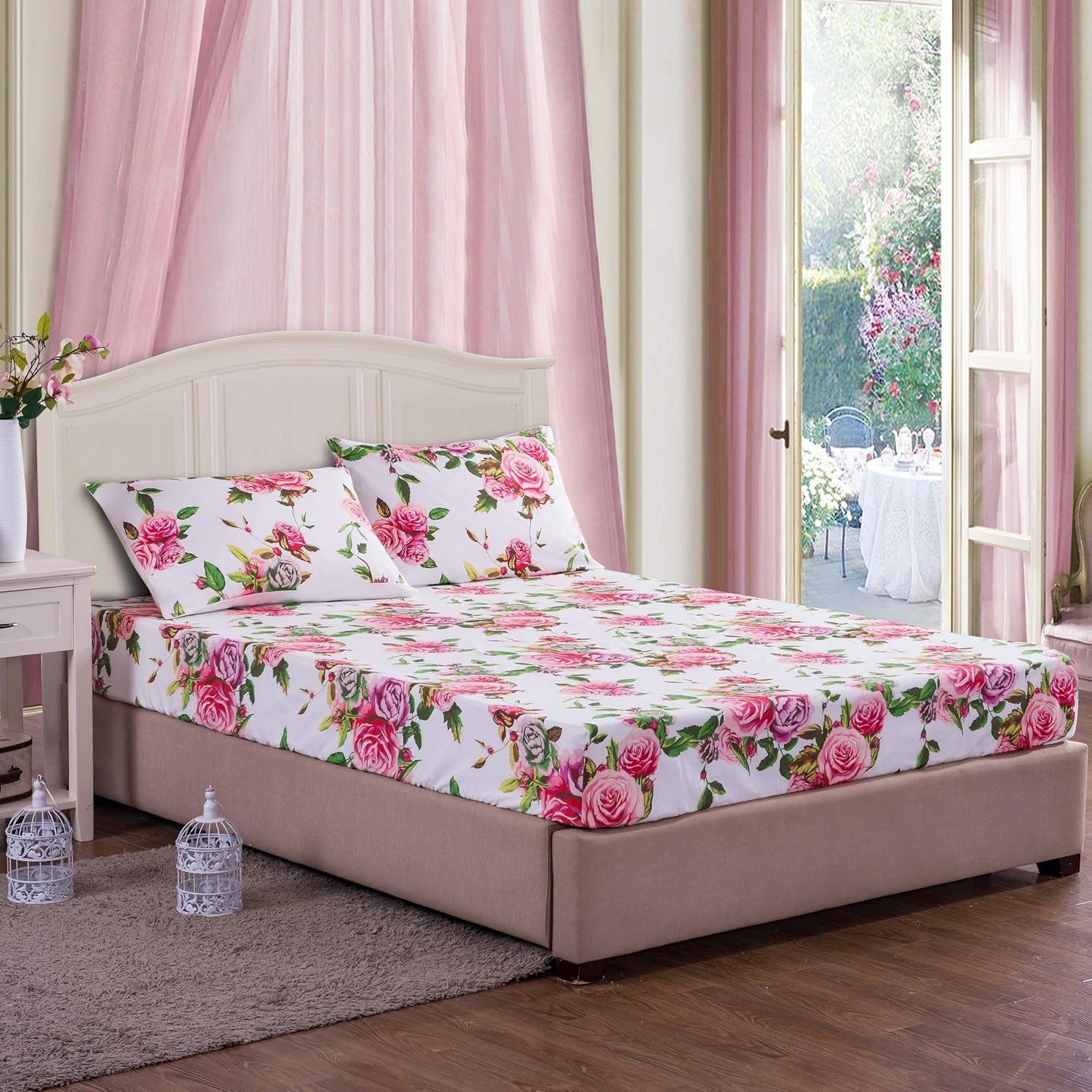 DaDalogy Bedding – Juego de cama floral de 14 piezas en una bolsa, diseño de rosas románticas, juego de sábanas bajeras y encimeras con funda de