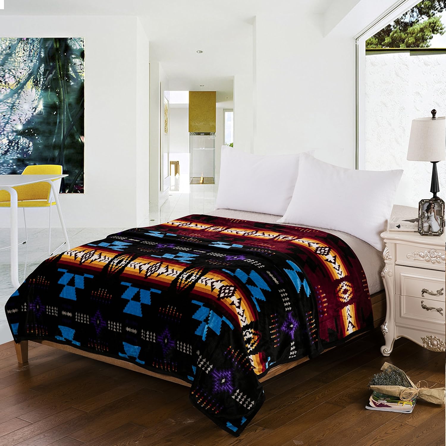 Southwest Design (estampado navajo) – Manta reversible súper suave tamaño King (borgoña)